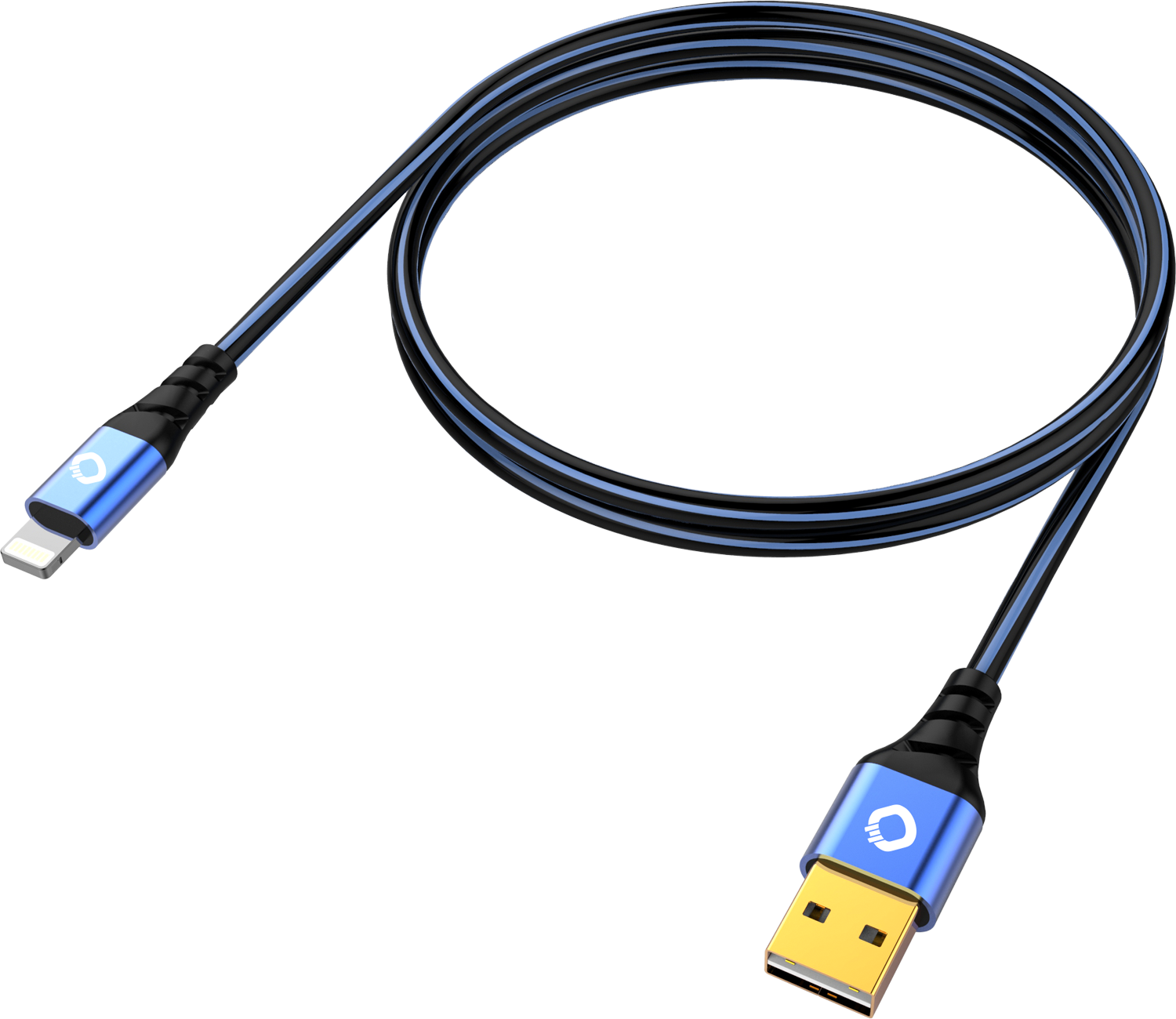 Ein schwarz-blaues Ladekabel mit USB- und Lightning-Anschluss, vor schwarzem Hintergrund.