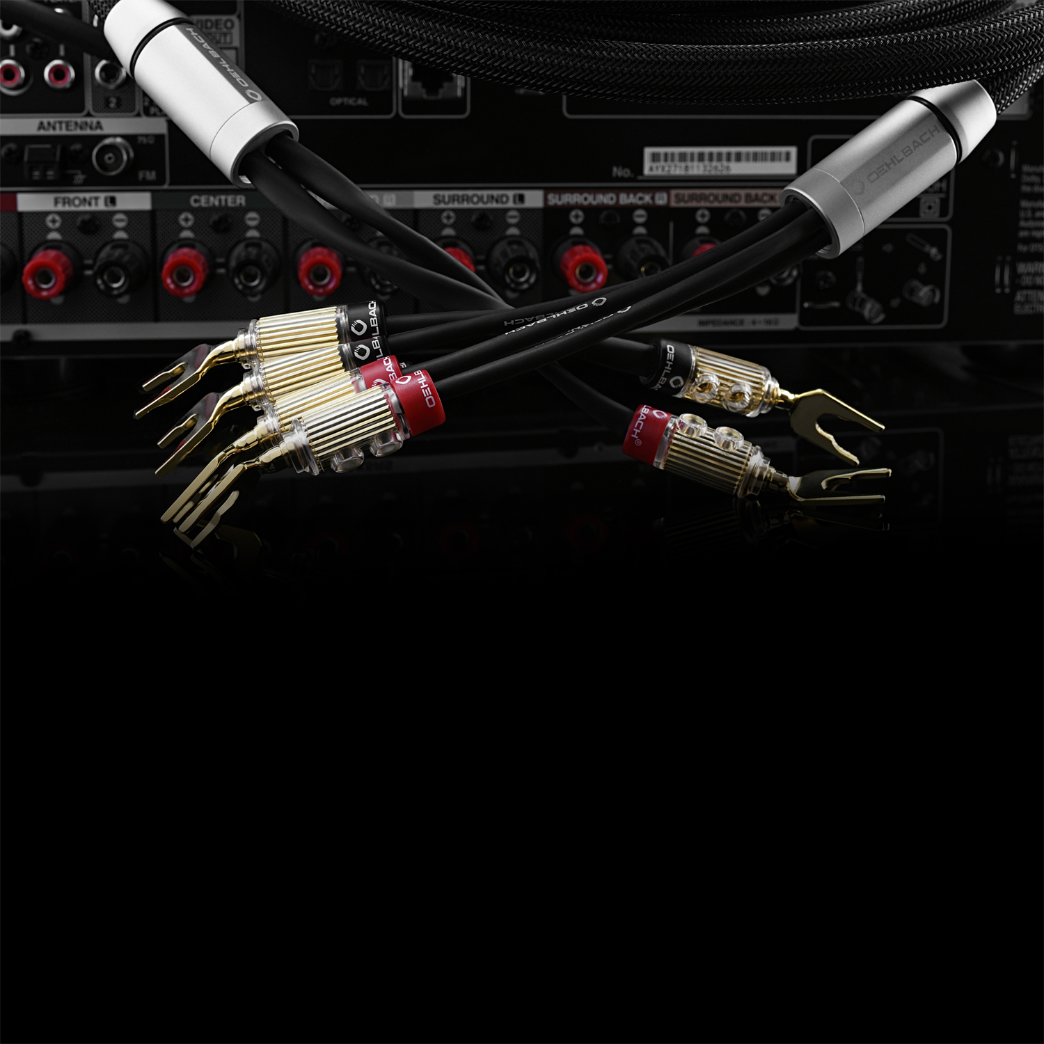 Schwarze Audiokabel mit goldenen Steckern. Kabel sind an der Rückseite eines Audio-Receivers angeschlossen.