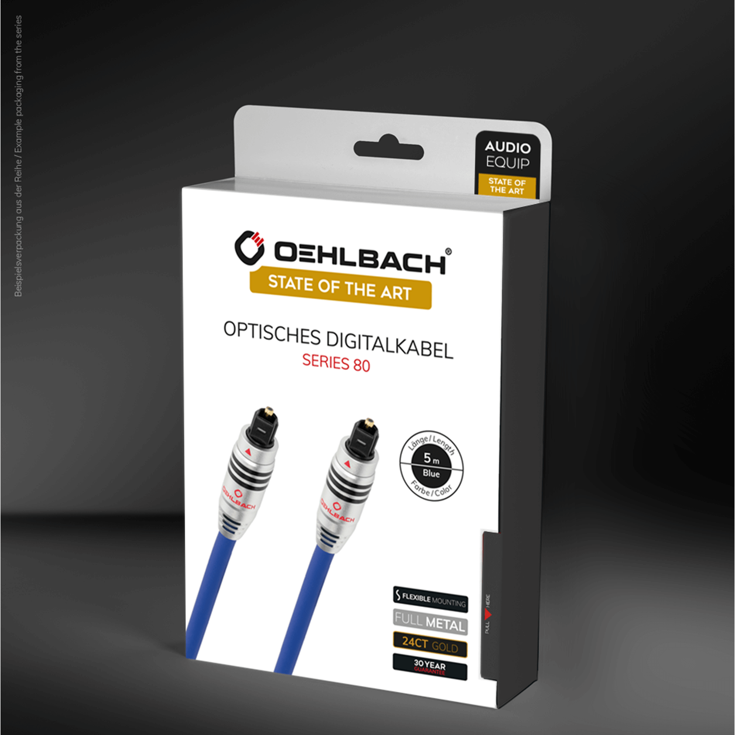 Produktbox mit optischem Digitalkabel. Box hat Markennamen, Produktdetails und ein Bild des Kabels.
