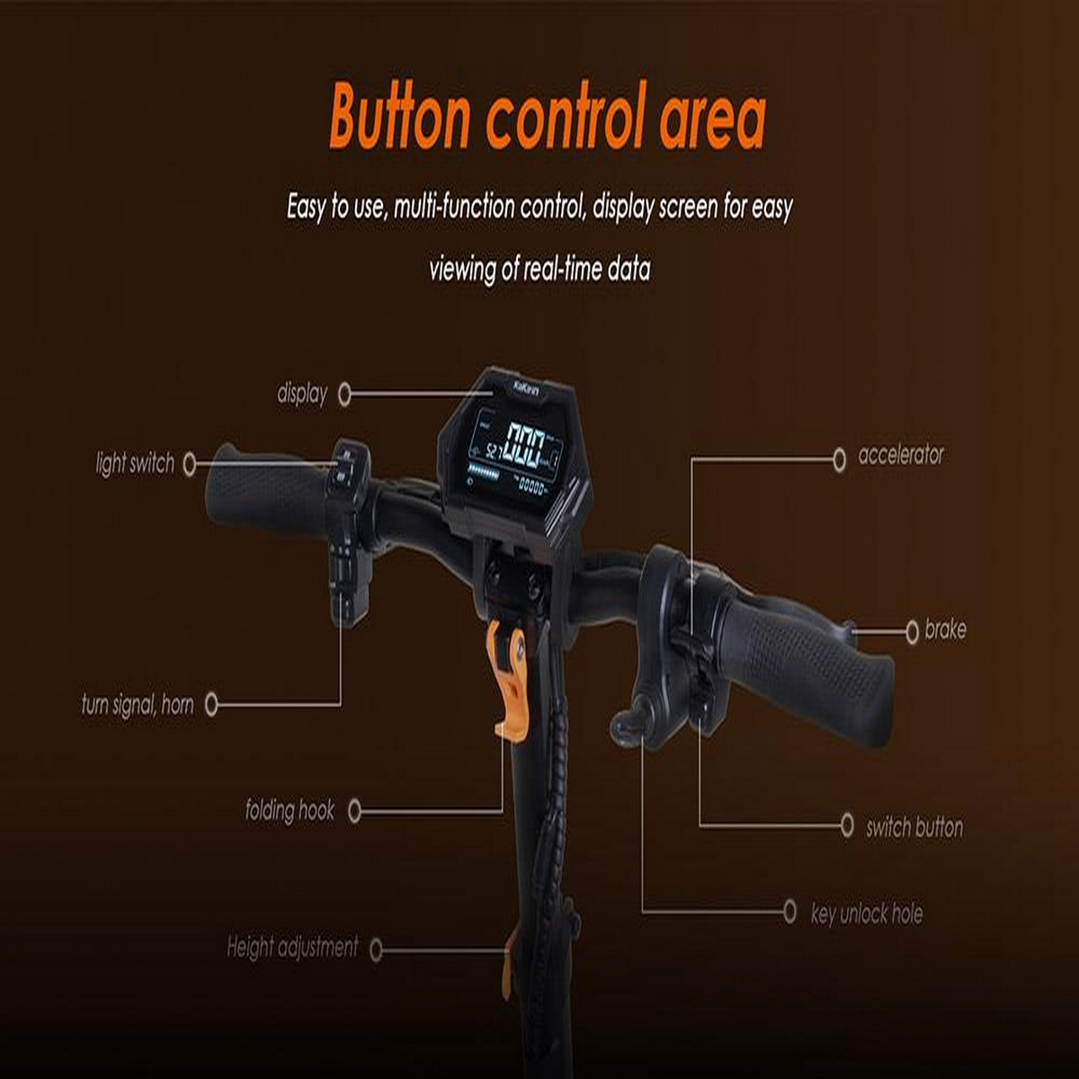 Manubrio dello scooter con pulsanti. Display, interruttore luci, indicatore di direzione e altro.