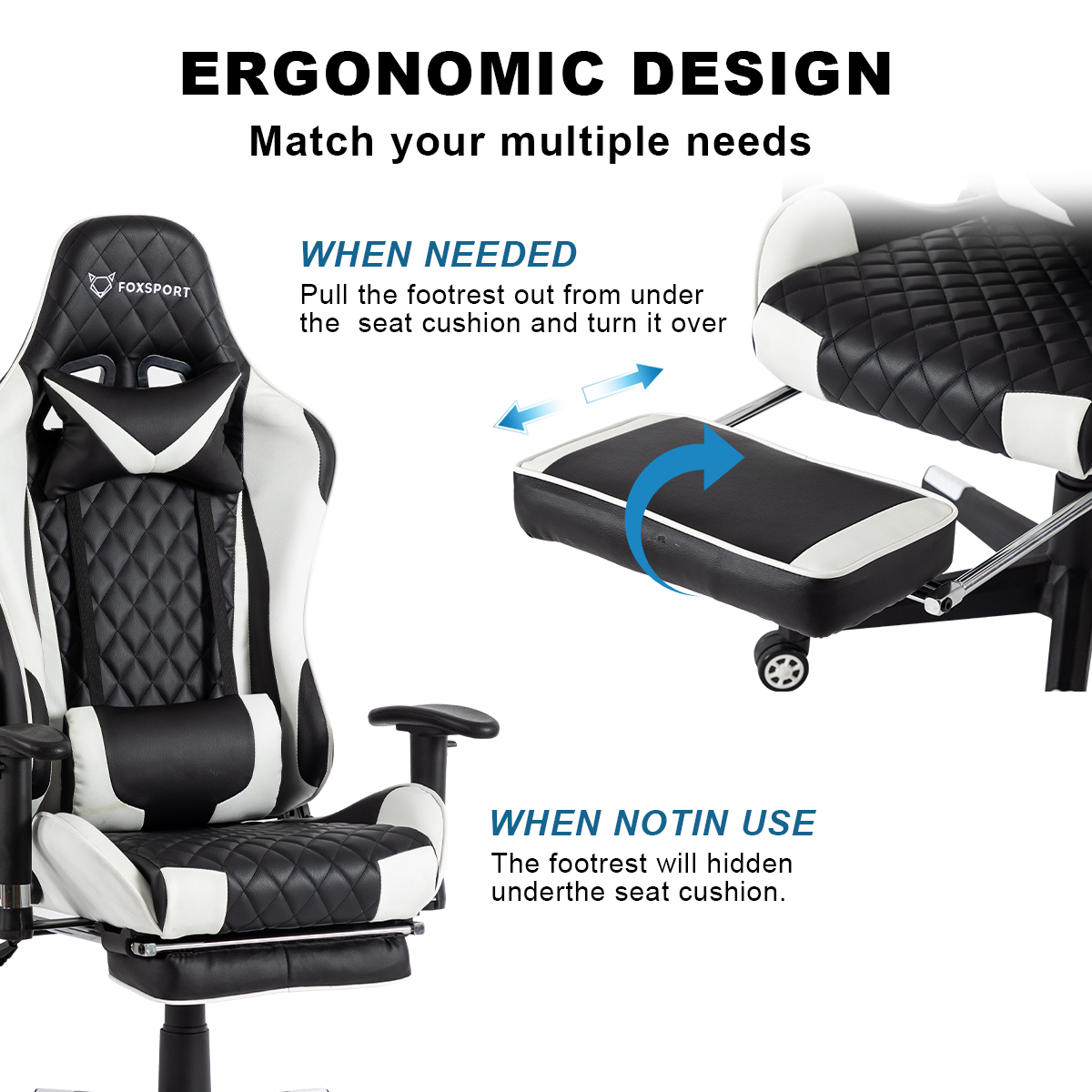 Schwarz-weißer Gaming-Stuhl mit ergonomischem Design, Fußstützendetail.