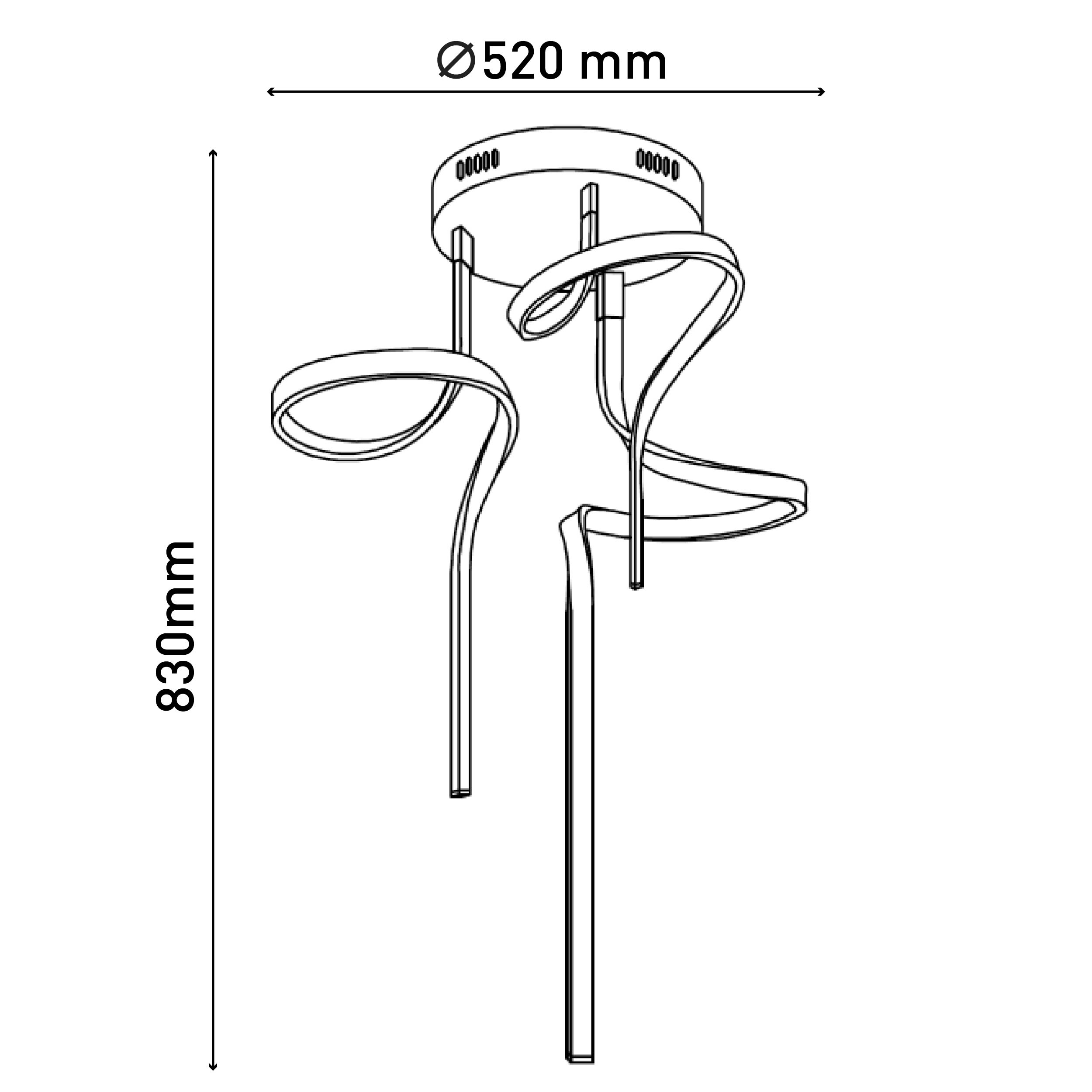 Strichzeichnung einer modernen Deckenlampe mit Maßen.