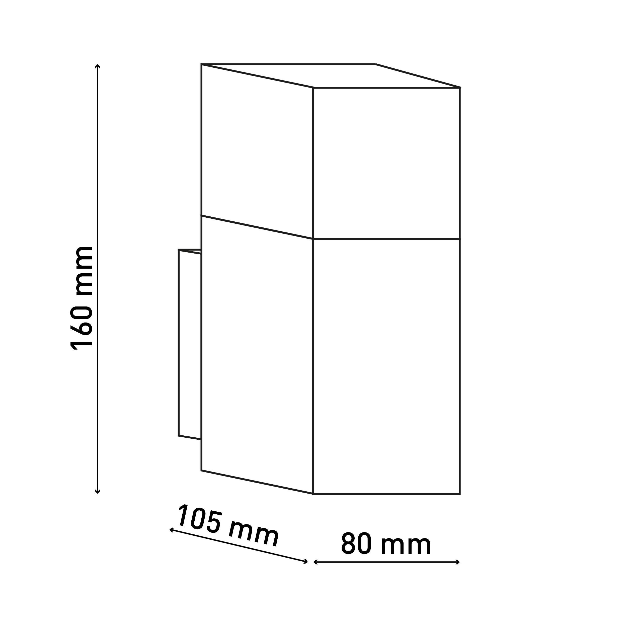 Eine weiße Umrisszeichnung einer Wandleuchte mit Abmessungen. Es ist ein blockartiges Design.