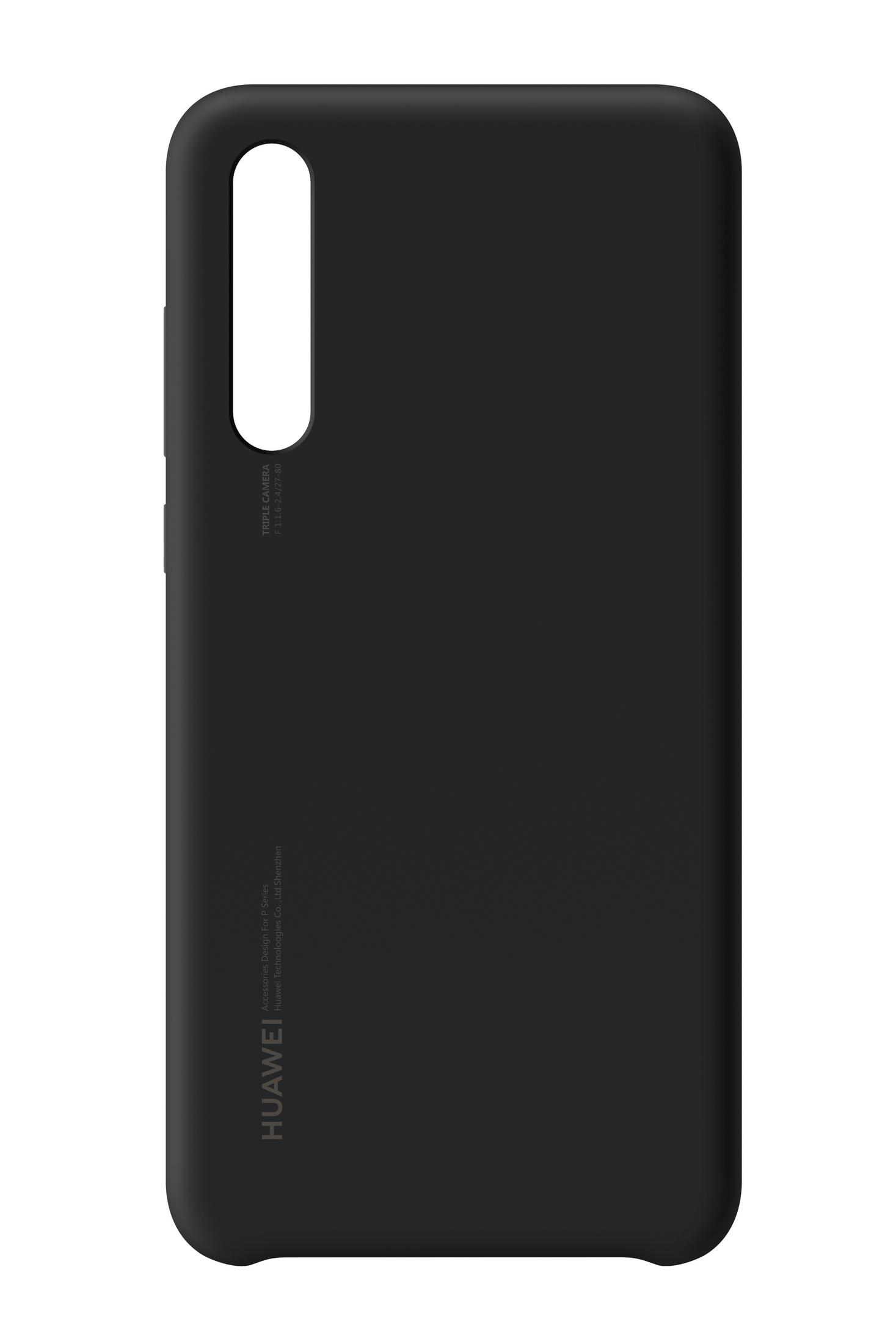 Custodia per telefono nera. La custodia ha un ritaglio per la fotocamera e la scritta HUAWEI.