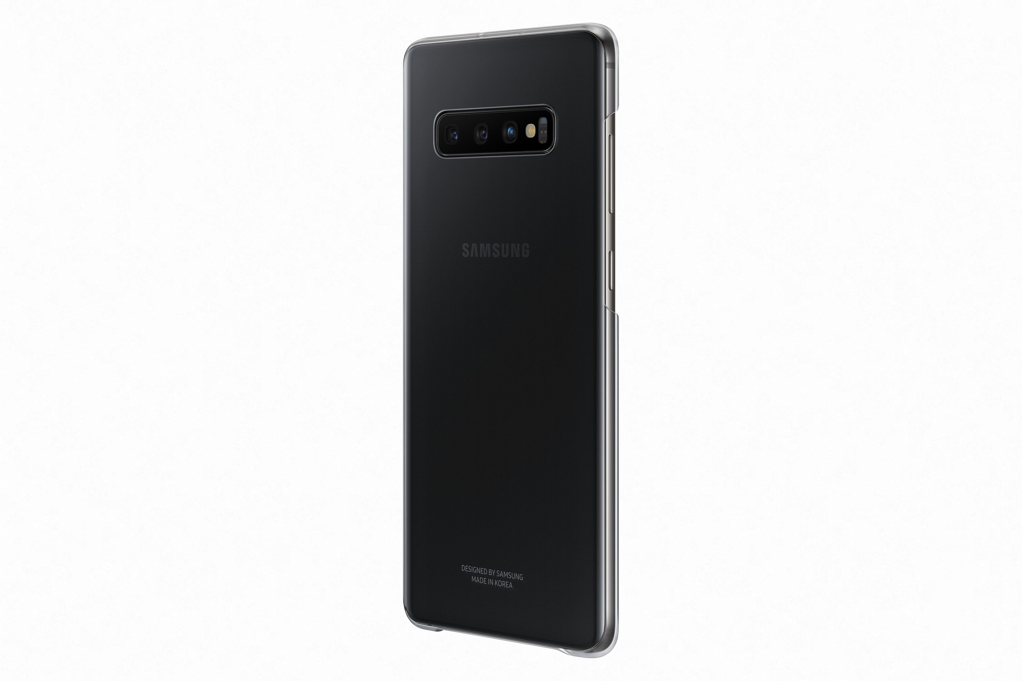 Il retro di uno smartphone nero in una custodia trasparente. Le lenti della fotocamera sono visibili.