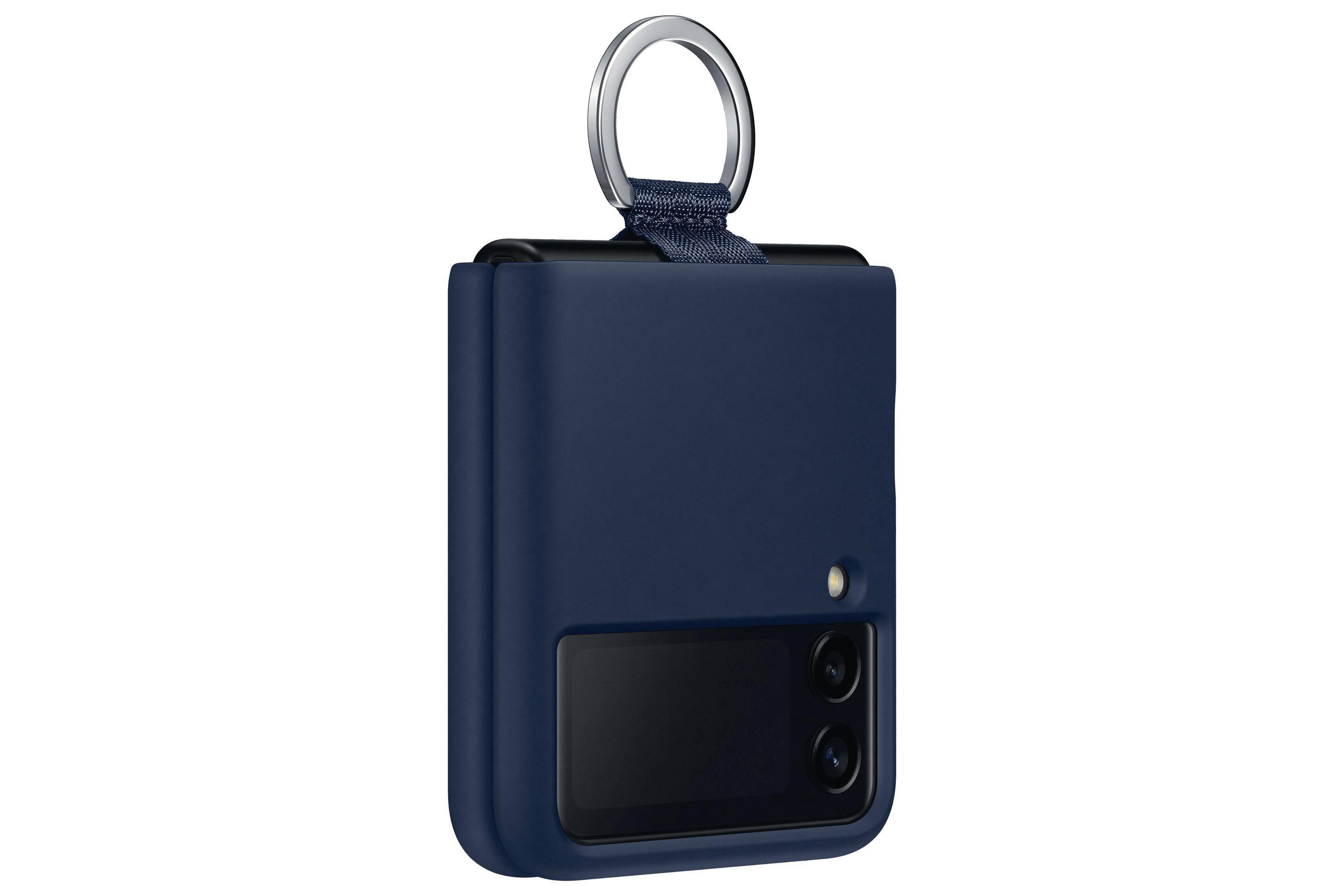 Marineblaue Handyhülle für ein faltbares Telefon mit silbernem Ring.