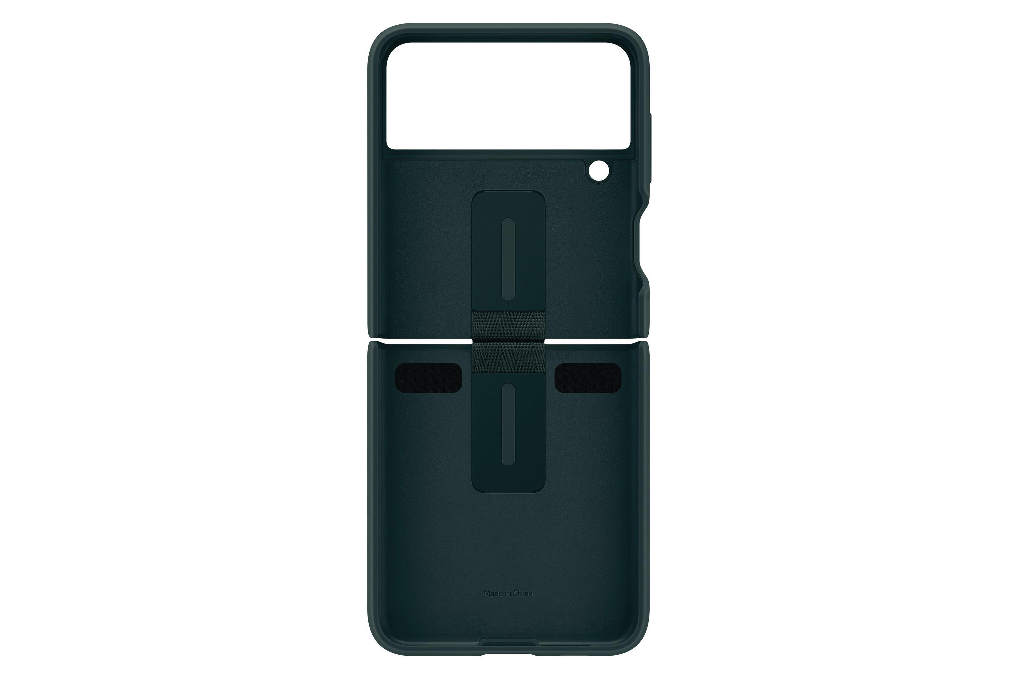 Custodia per telefono verde scuro, aperta, con supporto. Interno visibile, verde scuro, sfondo bianco.