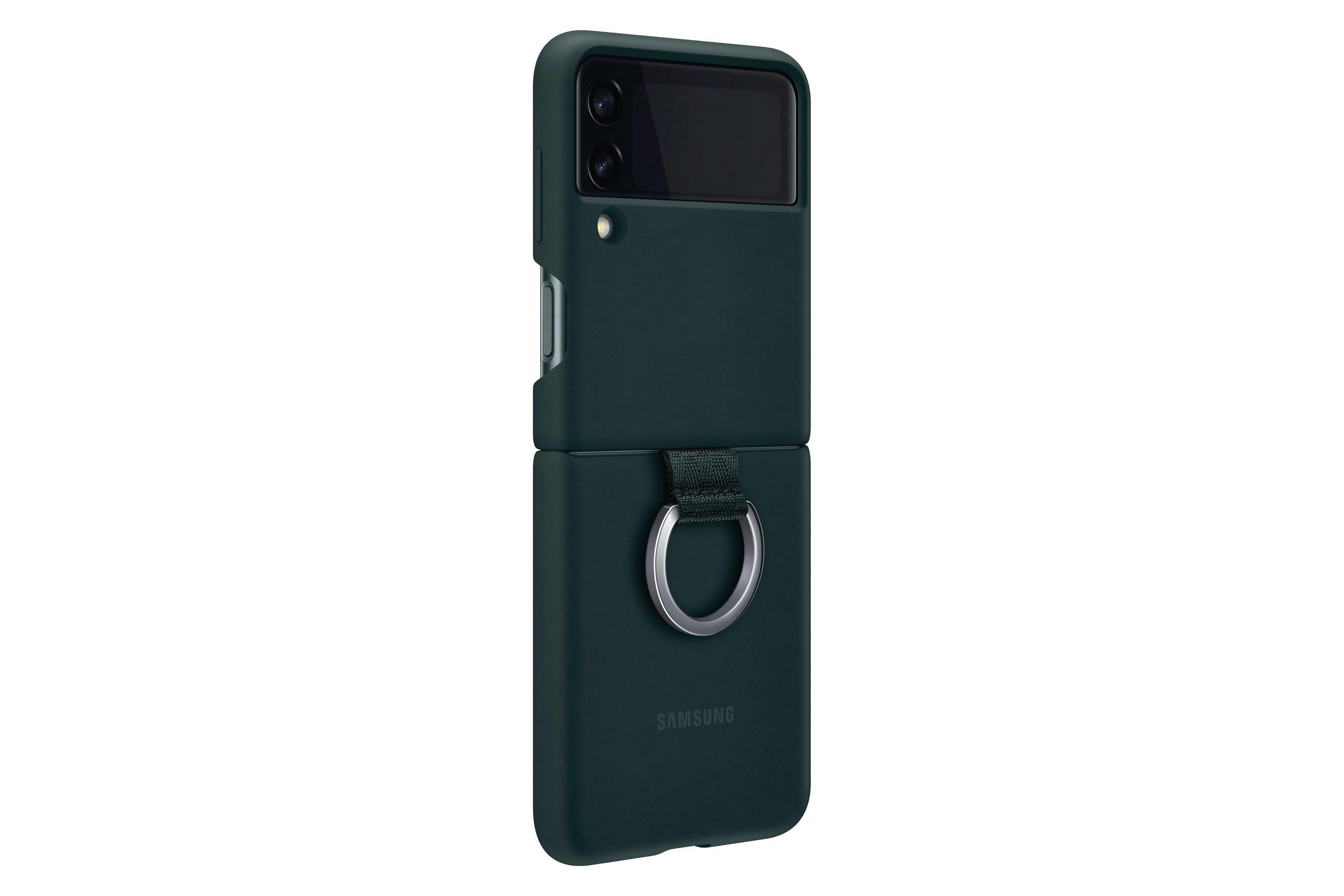 Custodia verde per telefono con un supporto ad anello. Il telefono è chiuso.