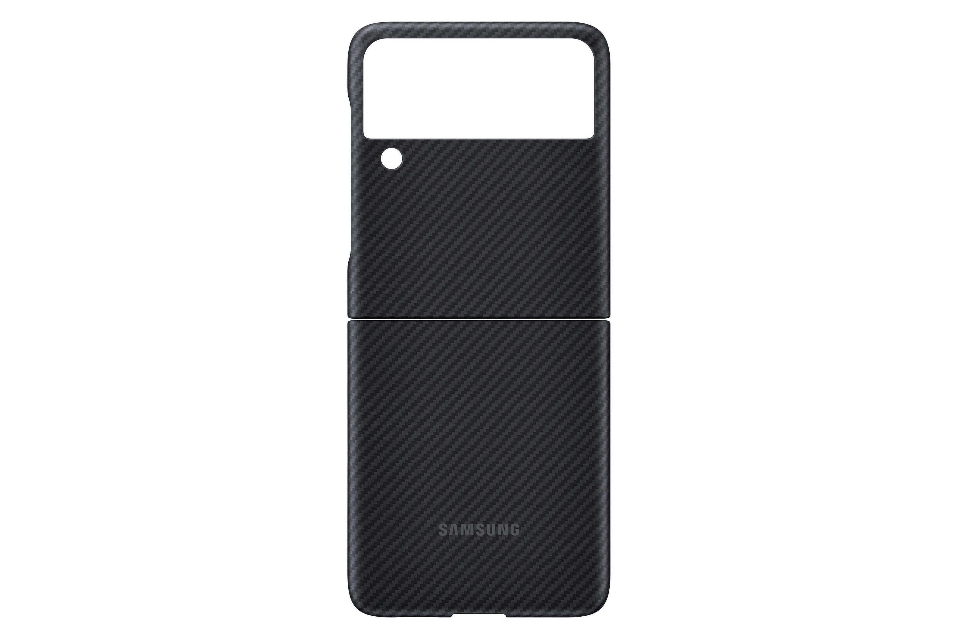Custodia per telefono nera con texture in fibra di carbonio, con logo Samsung.