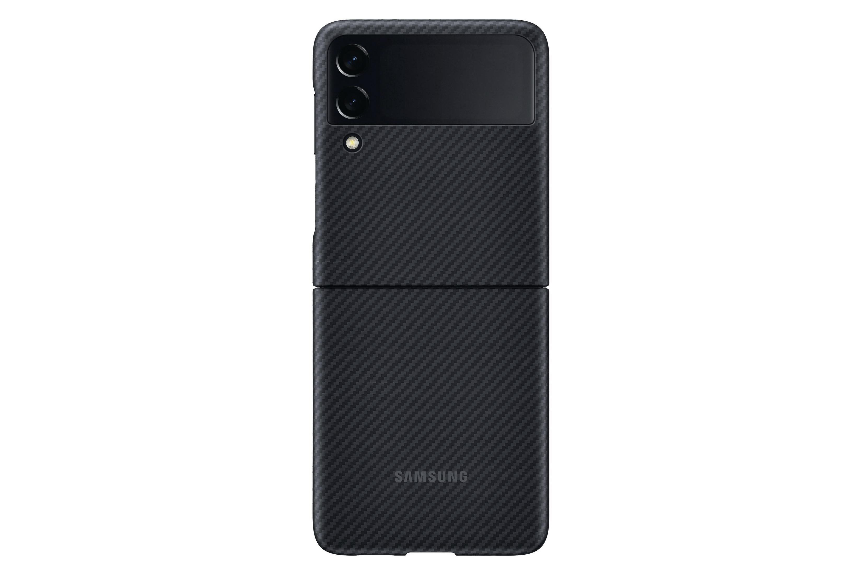 Custodia per smartphone nera, texture in fibra di carbonio, logo Samsung in basso.