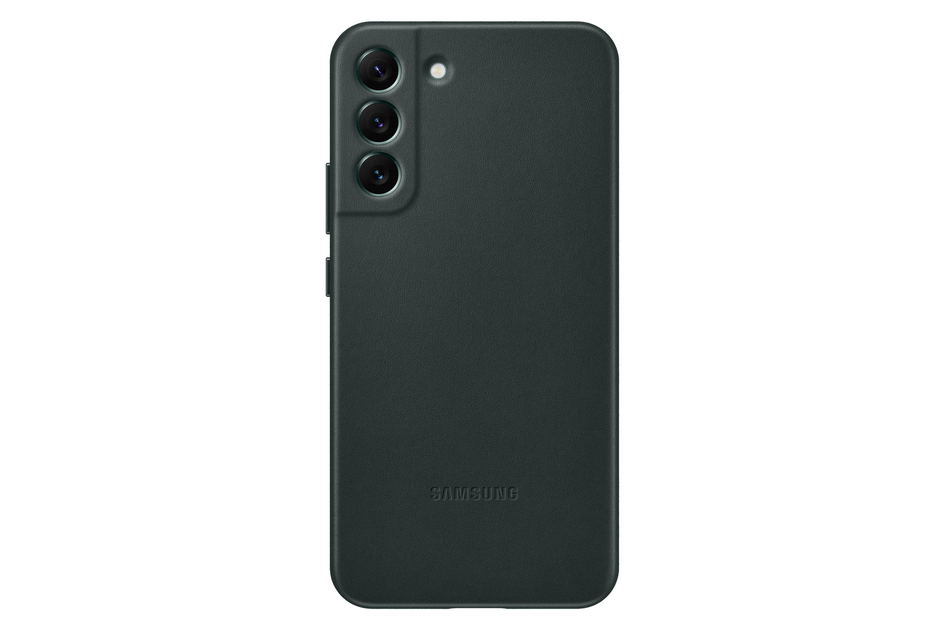 Una custodia nera per telefono Samsung. Ha un rilievo per la fotocamera e tre lenti. Il telefono è su sfondo bianco.