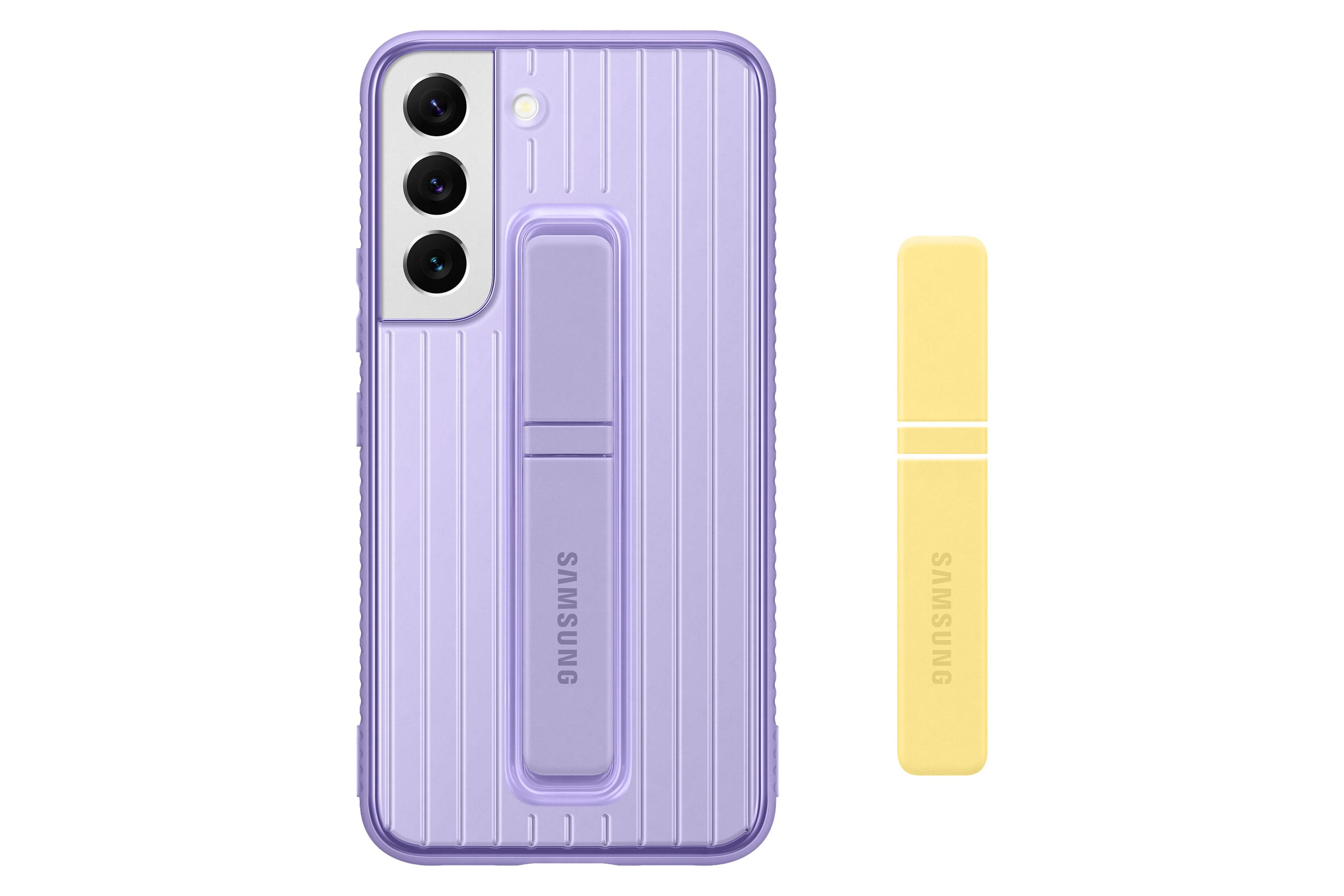 Eine Handyhülle mit lila Rippendesign und ein gelbes stiftähnliches Zubehör. Beide mit Samsung Logo.