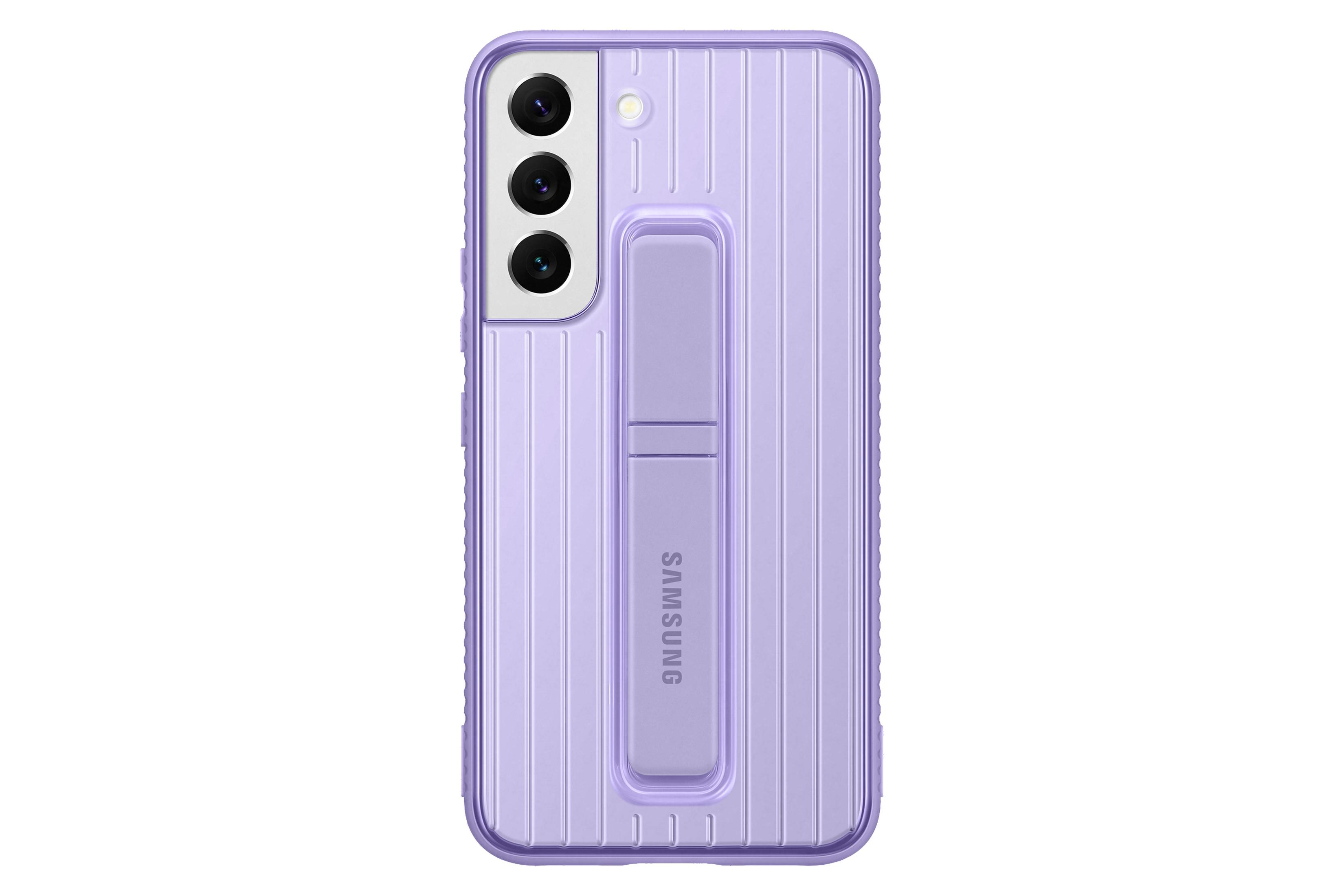 Lila Handyhülle mit Ständer für Samsung. Graue Linien, schwarzer Kamerabereich, weißer Hintergrund.