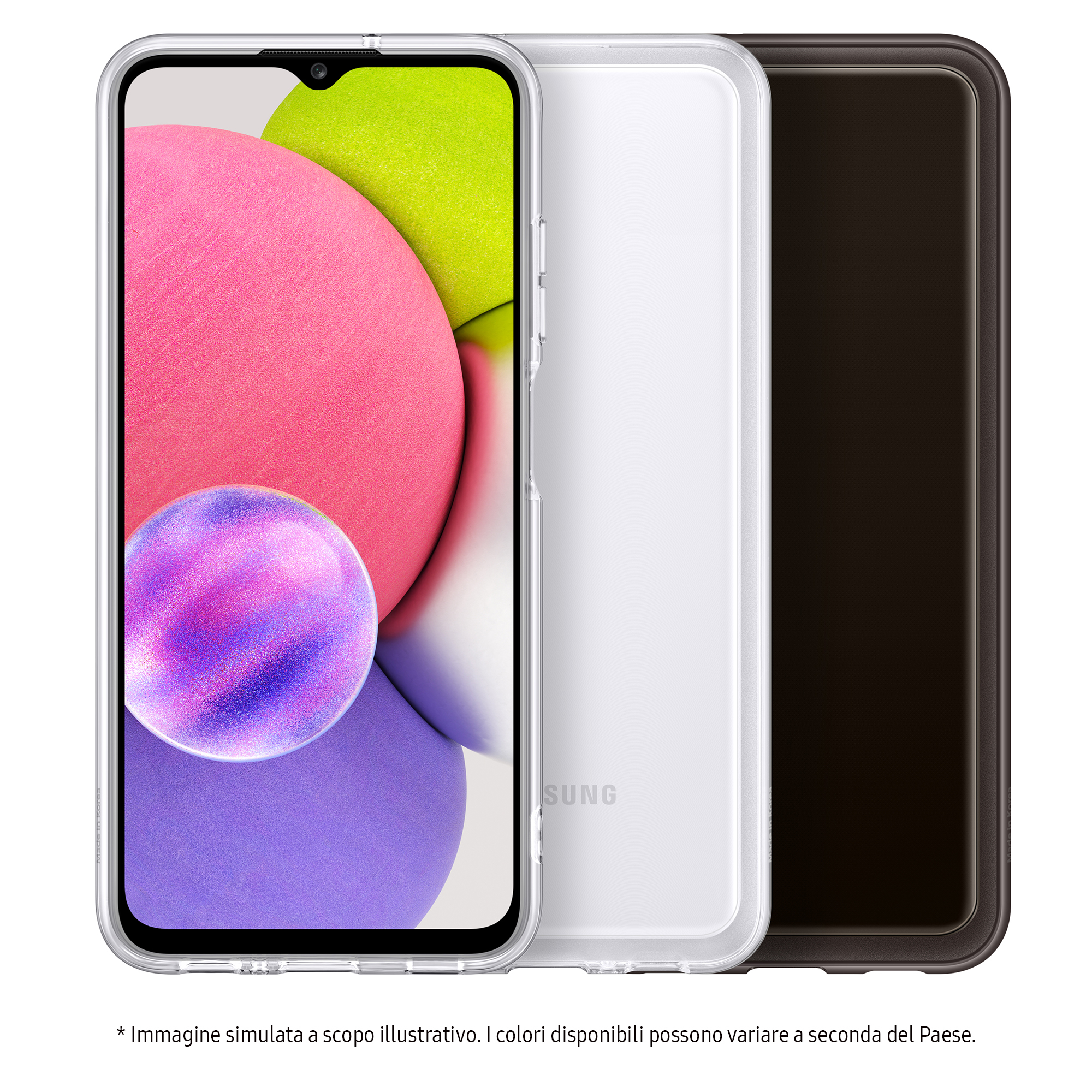 Telefon in einer durchsichtigen Hülle. Das Telefon hat einen rosa, lila und grünen Hintergrund.