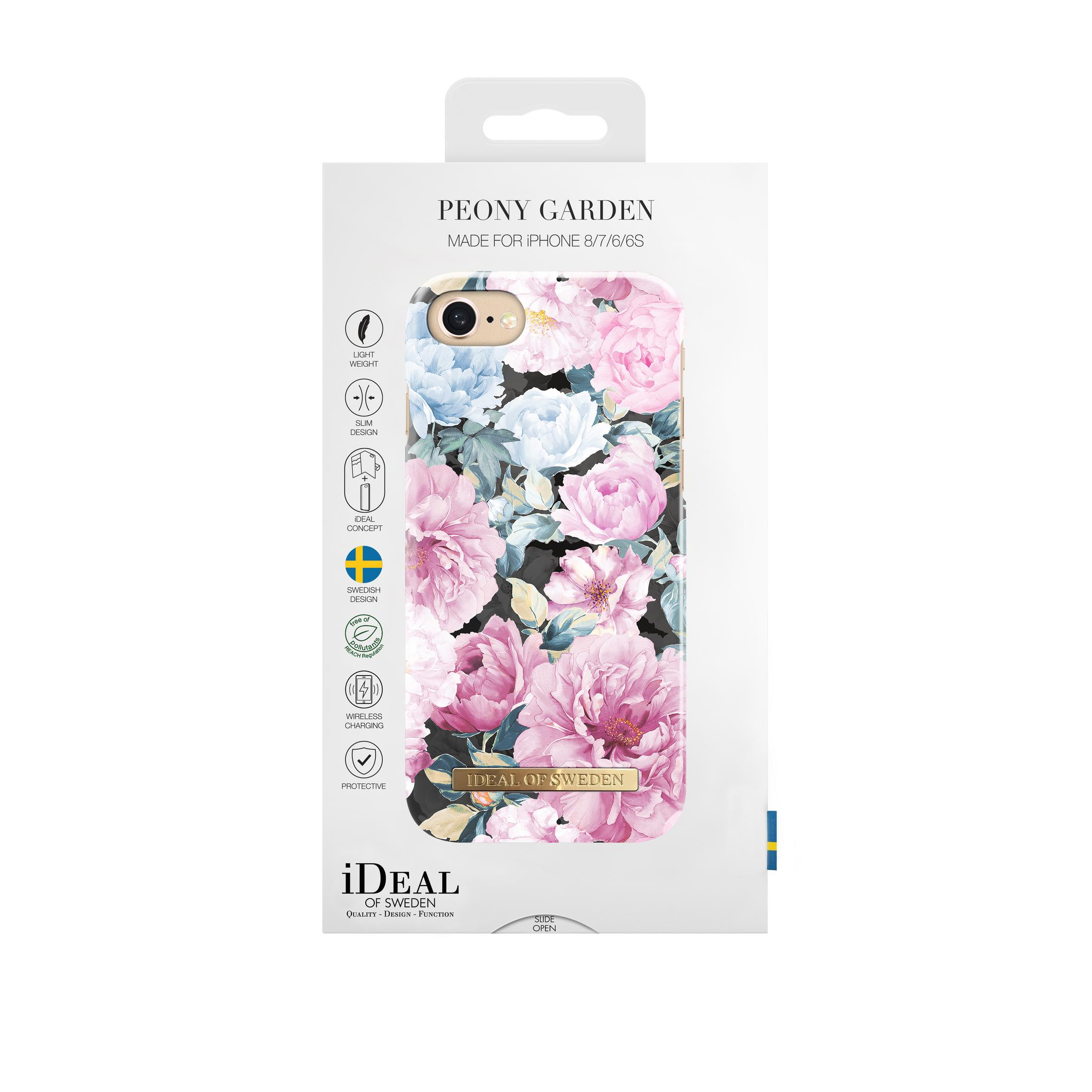 Handyhülle in Verpackung mit floralem Design. Die Hülle ist weiß mit rosa, blauen und weißen Blumen.