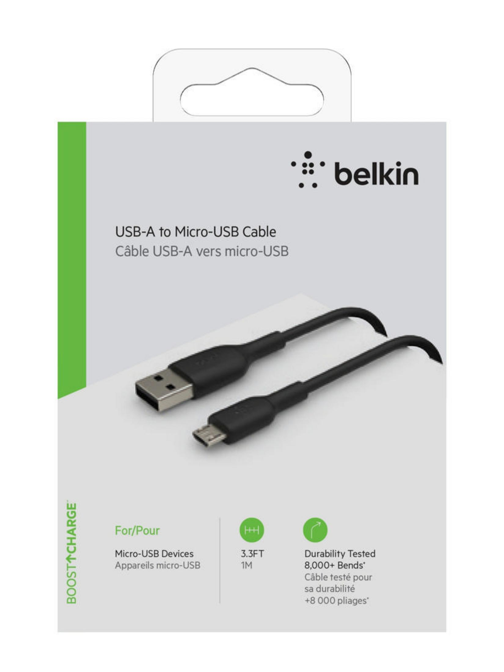 Embalaje para un cable USB a Micro-USB. El paquete es blanco y tiene un cable negro dentro.