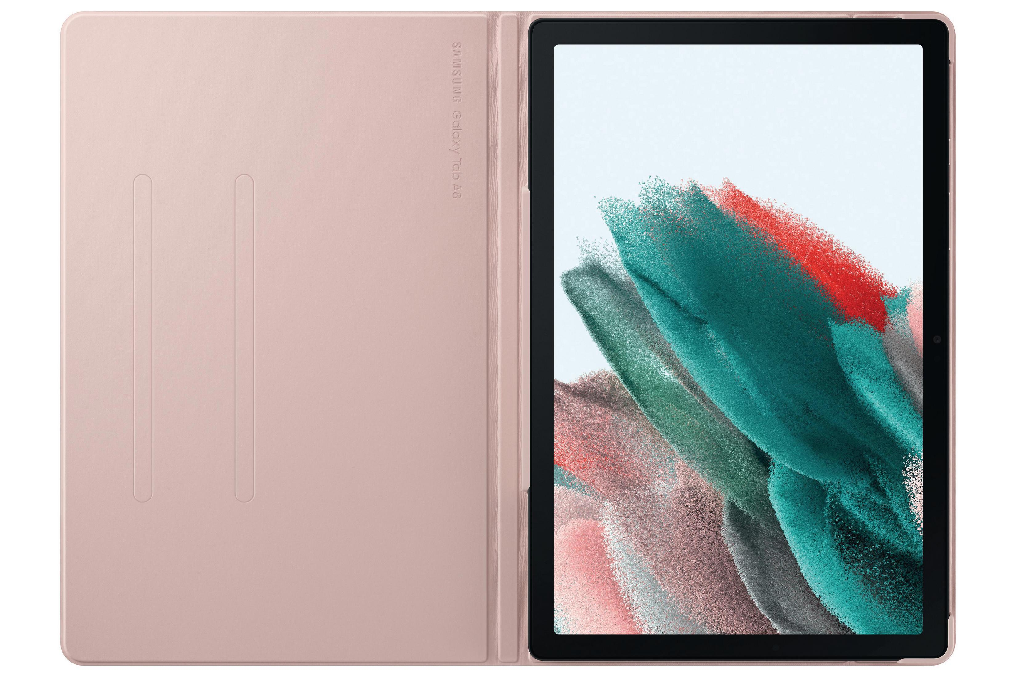 Ein Tablet in einer rosa Hülle. Der Bildschirm zeigt ein farbenfrohes, abstraktes Design.