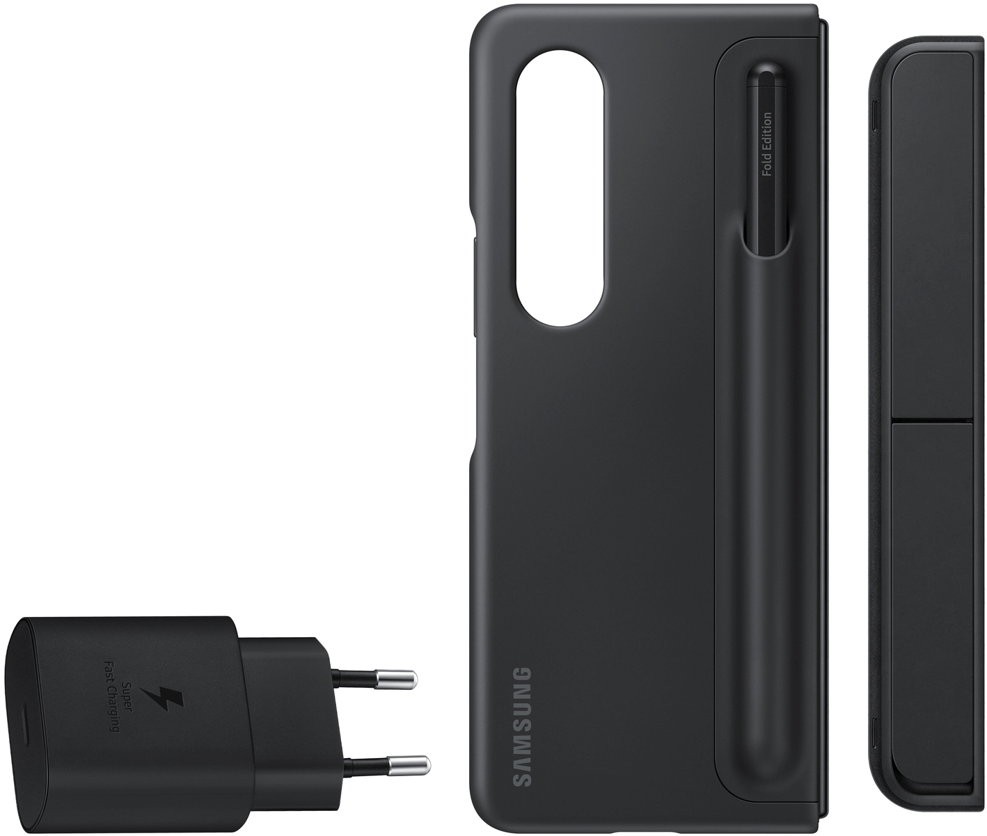 Funda negra para teléfono con bolígrafo y cargador. Marca Samsung. La funda está plegada. Fondo blanco.