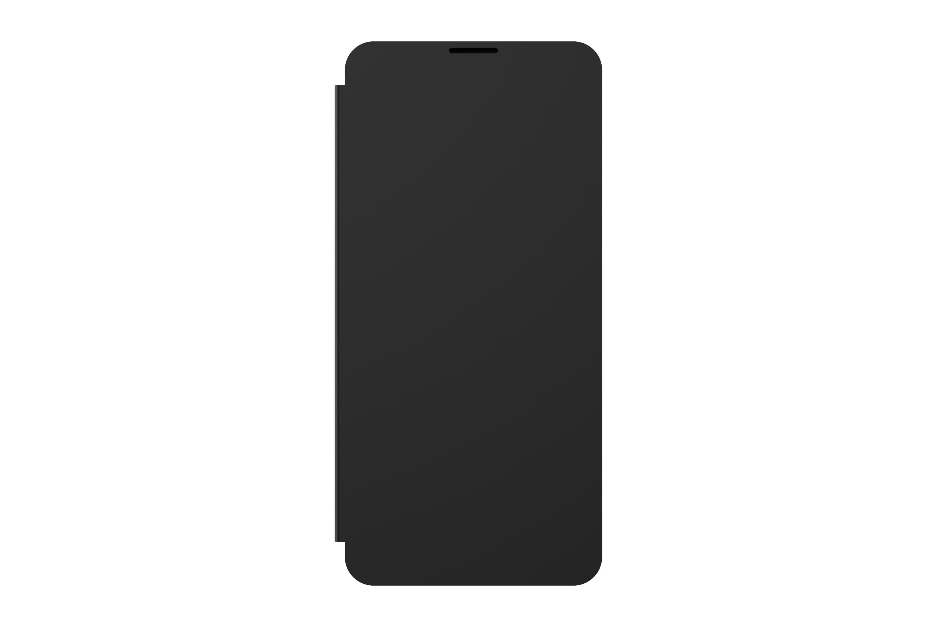 Custodia per cellulare nera con copertura, su sfondo bianco.