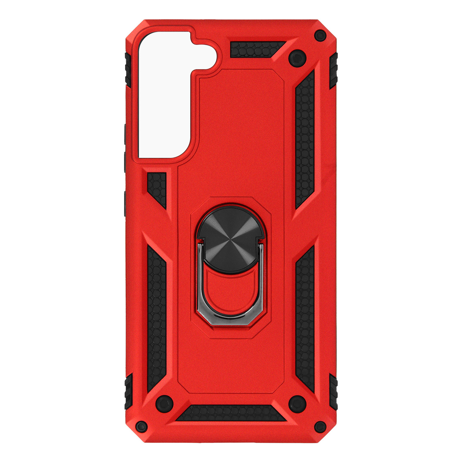 Rode telefoonhoes met zwarte accenten en een zilveren ringhouder, met een robuust ontwerp.