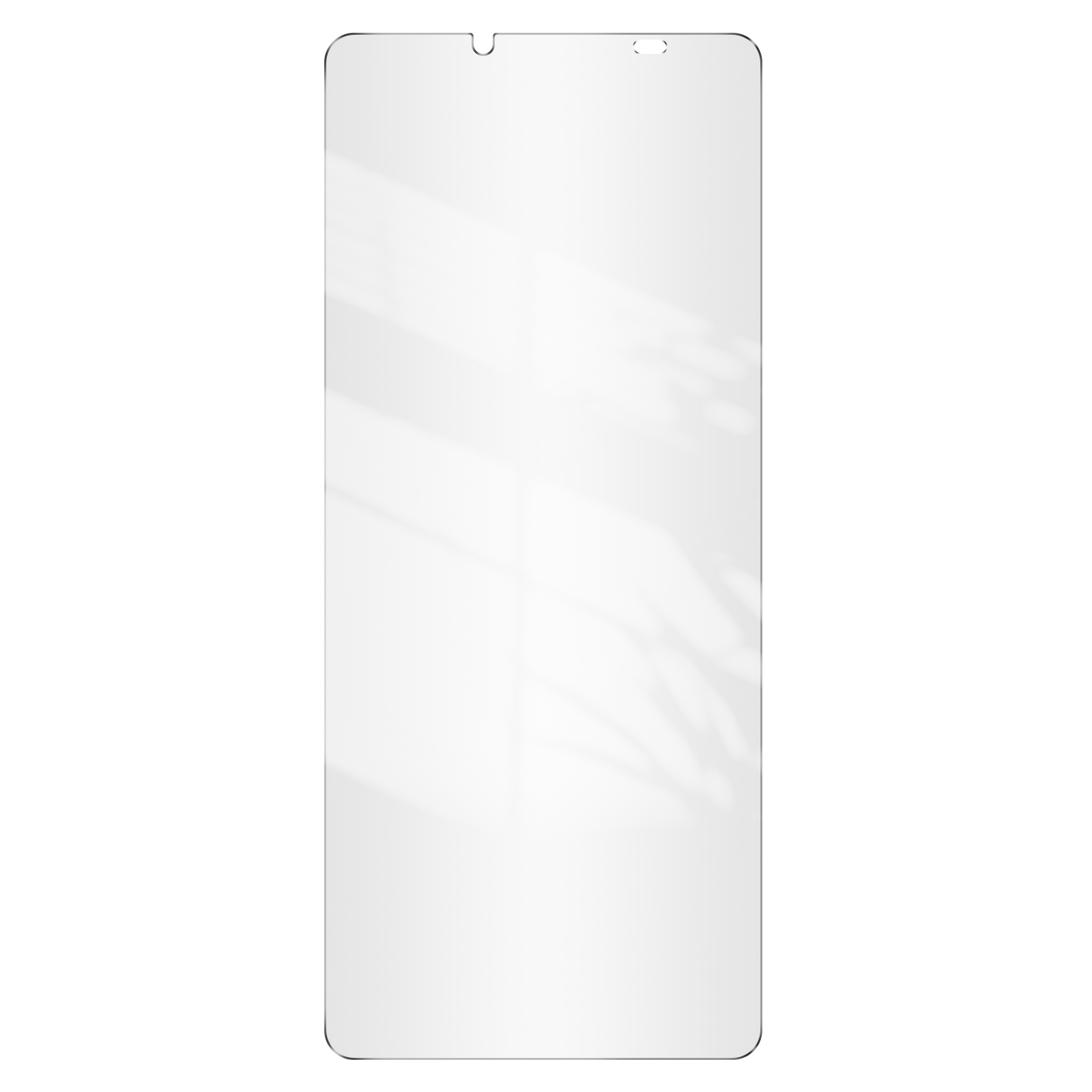 Transparante schermbeschermer voor een telefoon, op een witte achtergrond. Schaduwen zichtbaar.