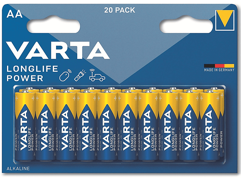 VARTA Batterie Alkaline, Mignon, AA, LR06, 1.5V, Longlife Power, 20 Stück Alkaline Batterien