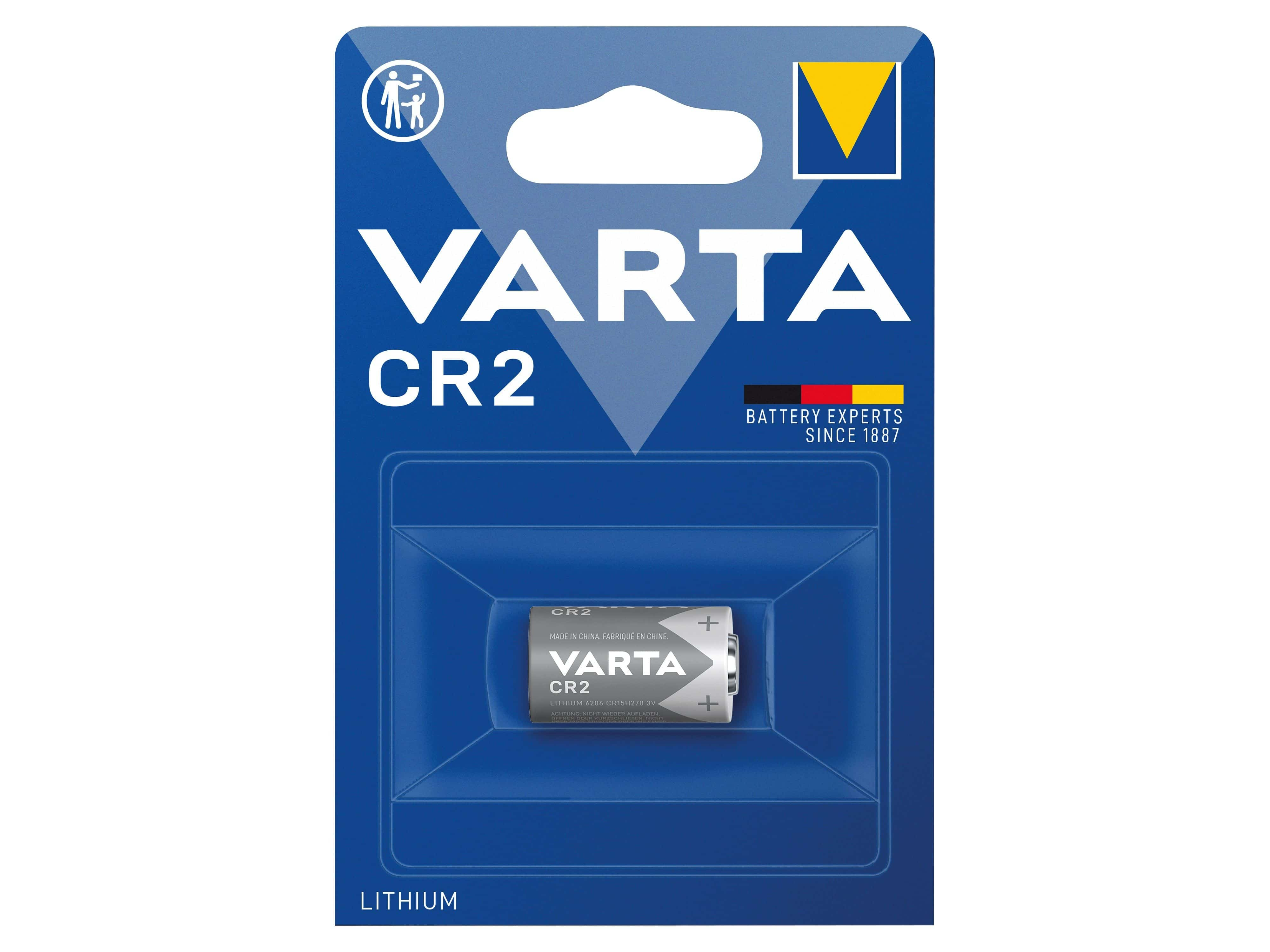 VARTA CR2 battery pack. Blue and white packaging with a battery visible.