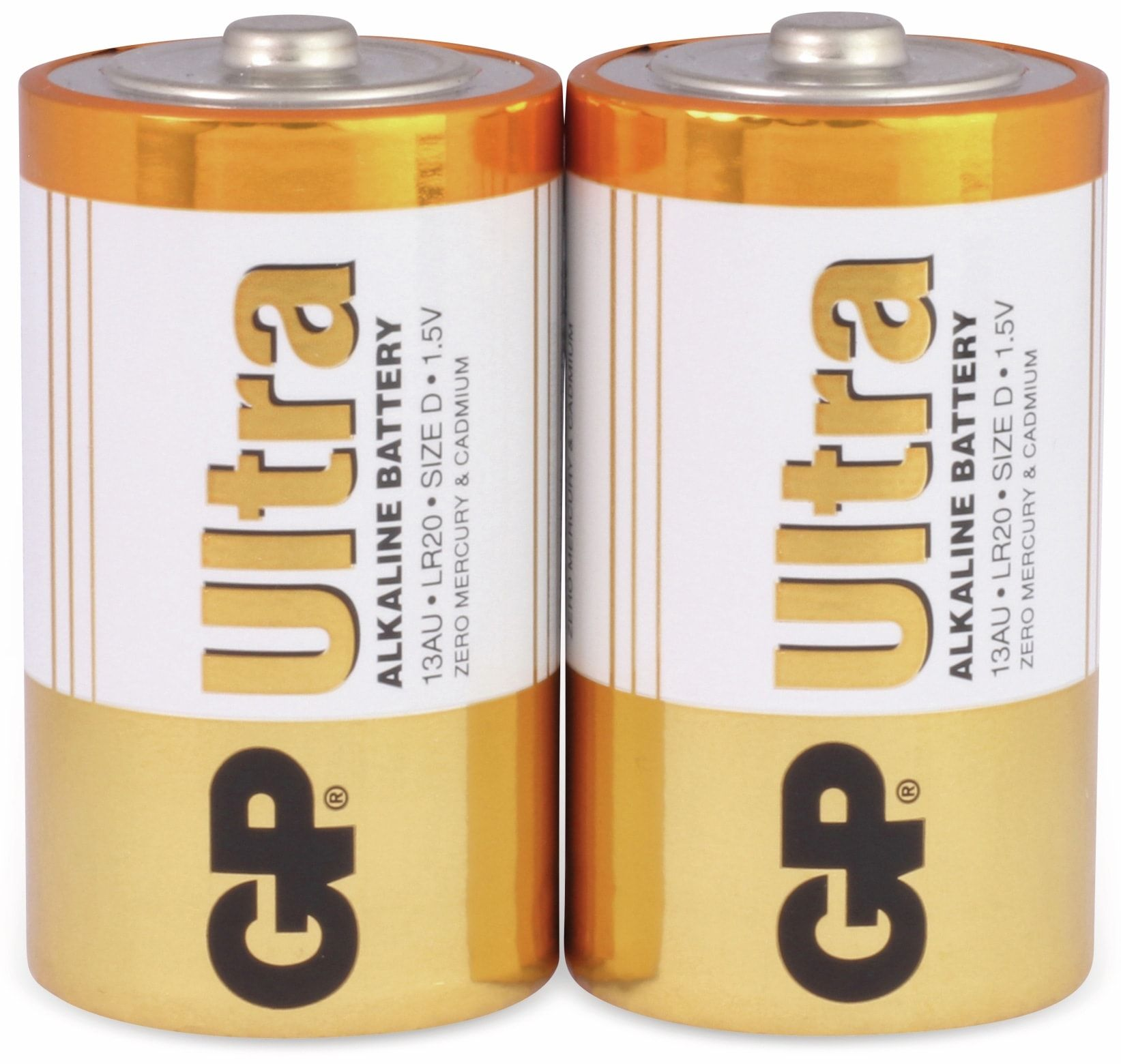 Zwei gold-weiße GP Ultra Alkaline-Batterien. Jede ist mit Markennamen und Spezifikationen bedruckt.