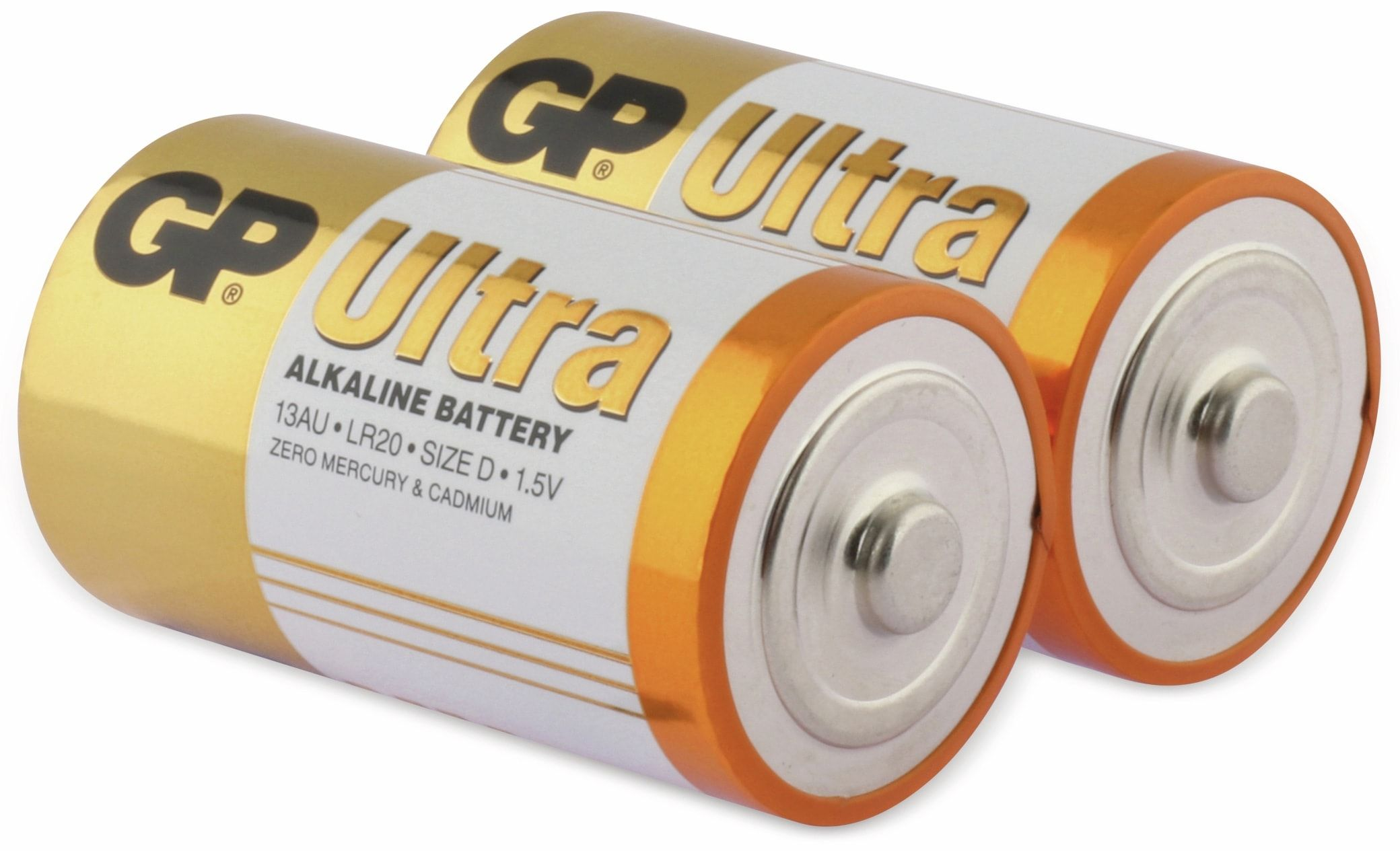 Zwei gold-weiße GP Ultra Batterien. Die Batterien sind zylindrisch. Der Hintergrund ist weiß.