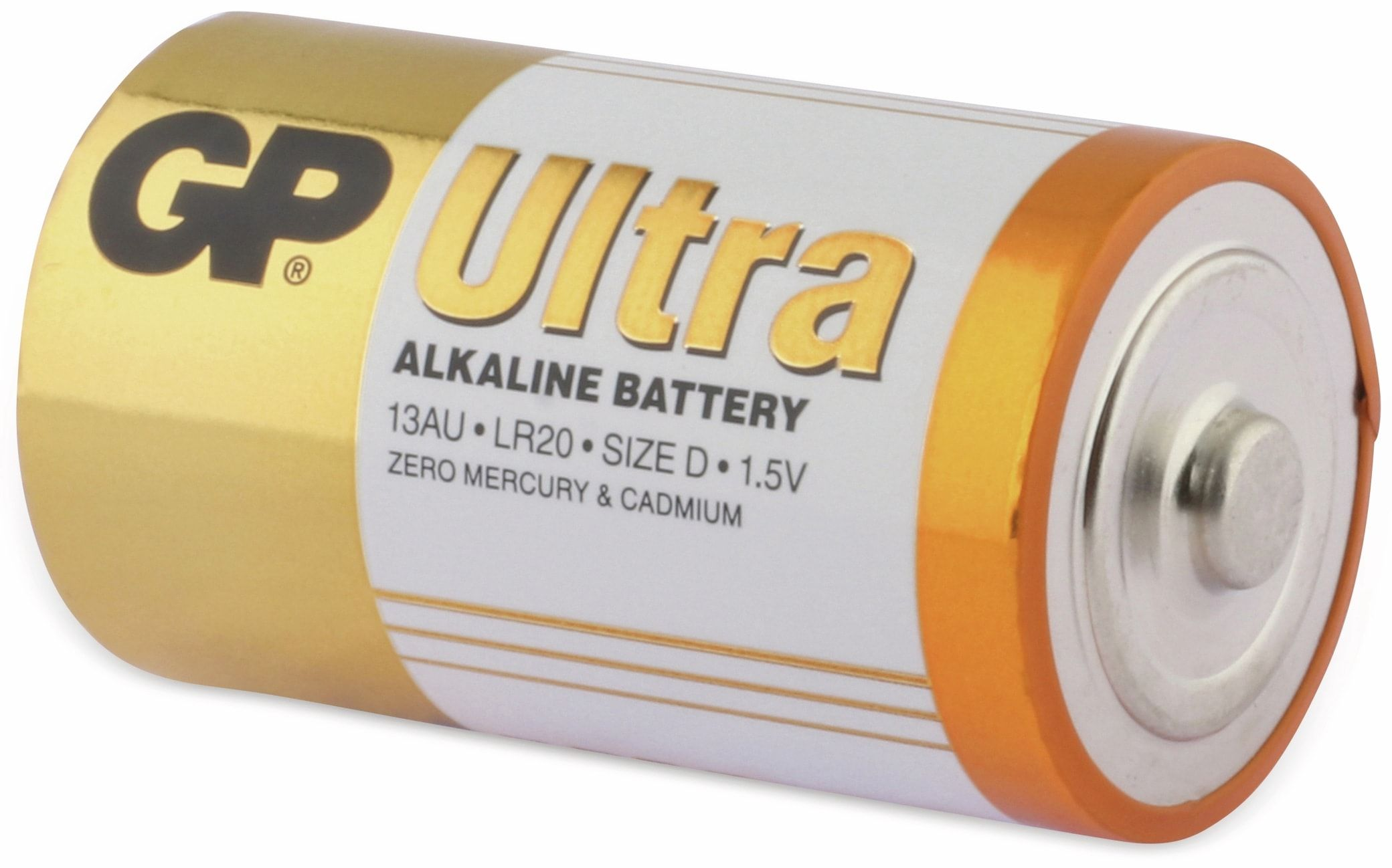 Eine große, zylindrische GP Ultra Alkaline-Batterie mit Gold- und Orangefarben.