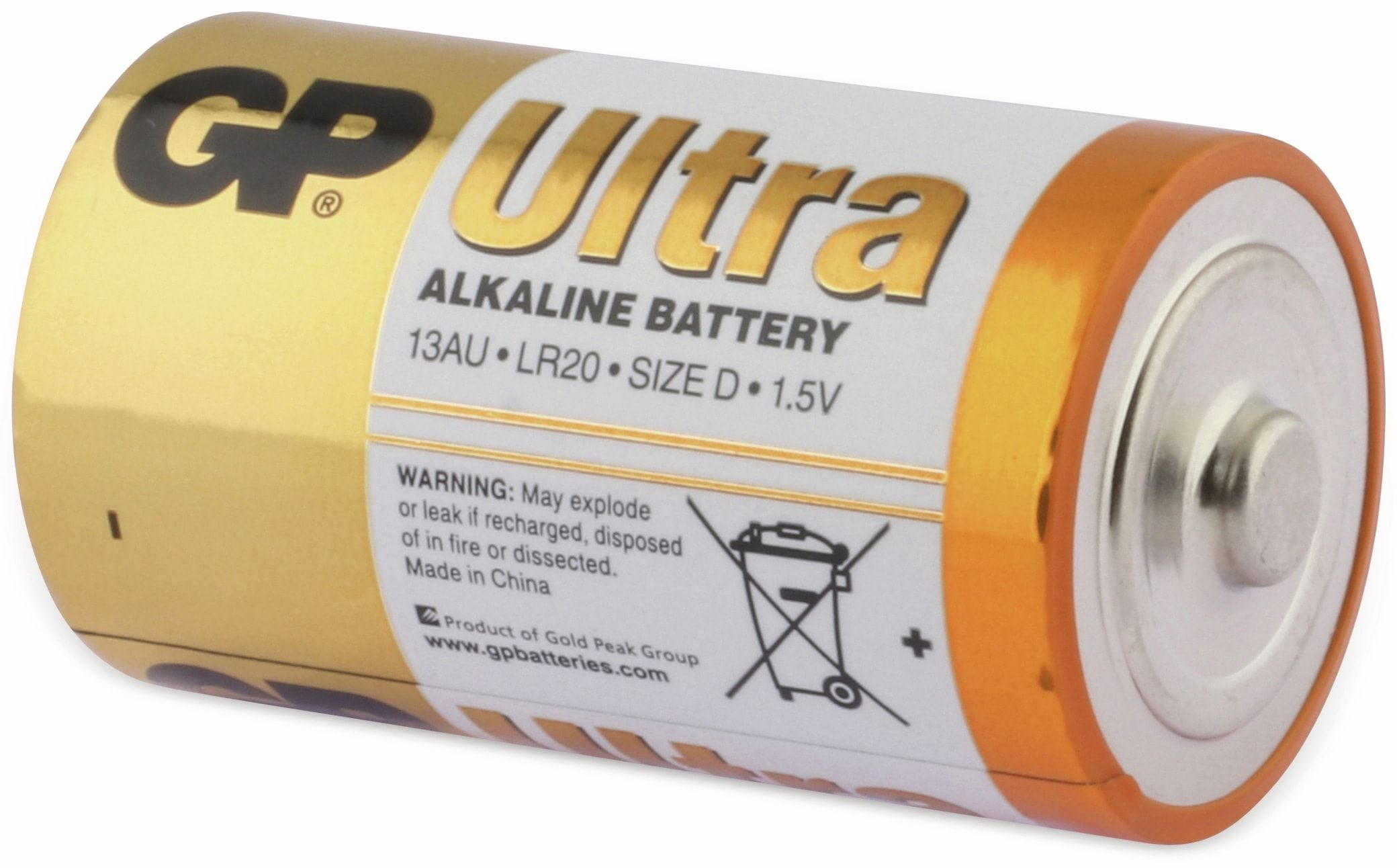 Eine goldene GP Ultra Alkaline Batterie, mit Text und Warnhinweisen bedruckt.