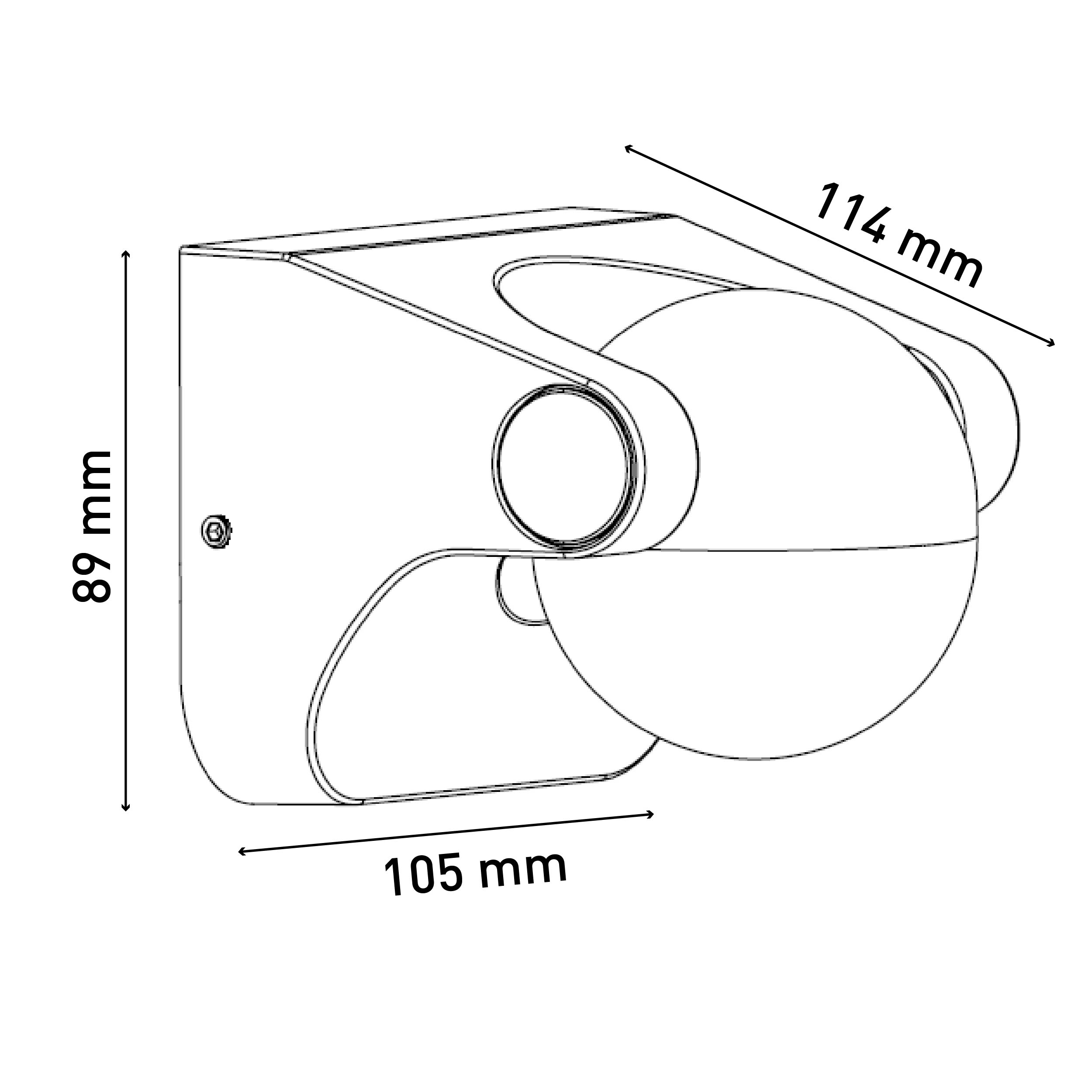 Strichzeichnung einer Wandhalterung mit den Maßen: 114x89x105 mm.