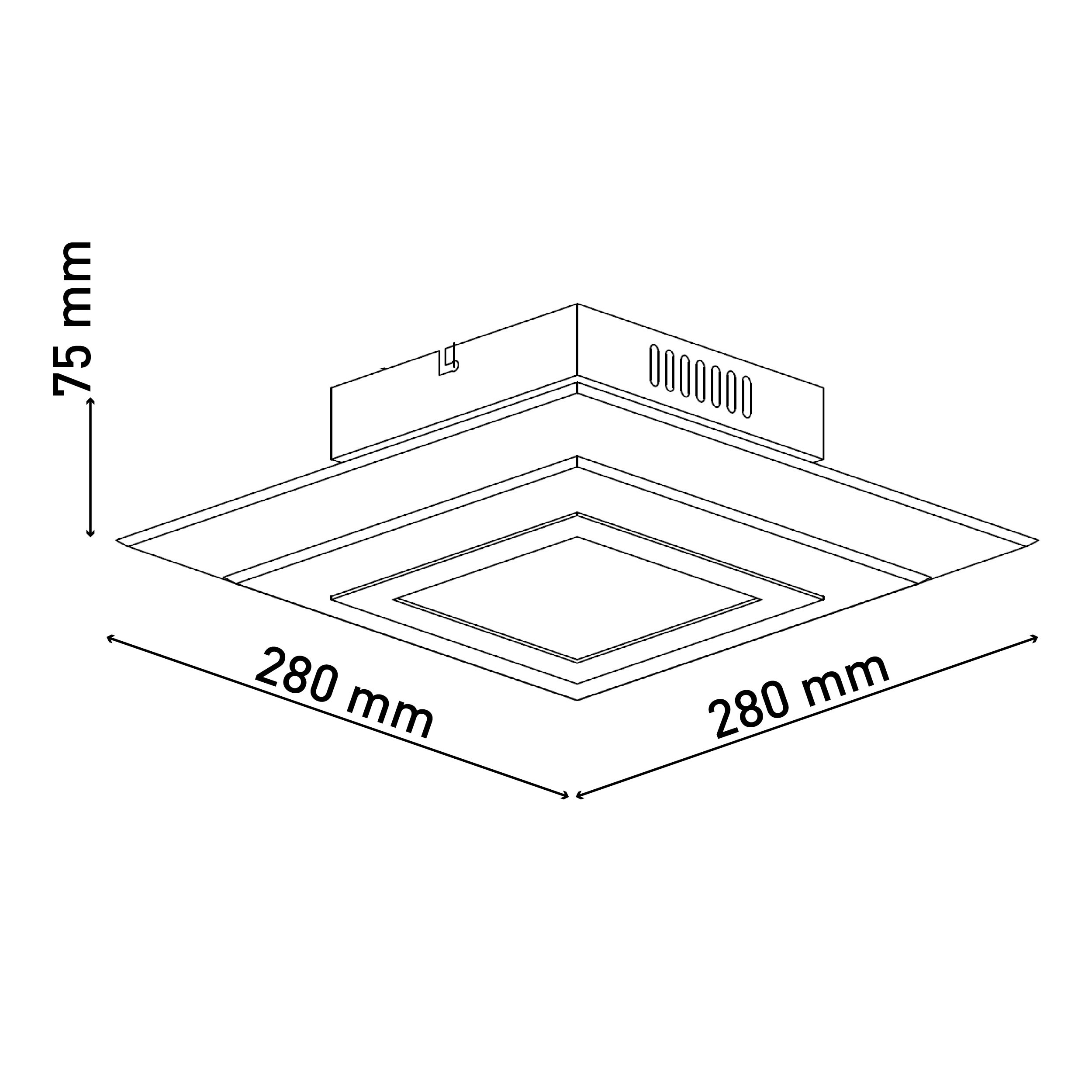 Eine weiße Deckenleuchte mit Maßangaben, 280 mm x 280 mm und 75 mm Höhe.