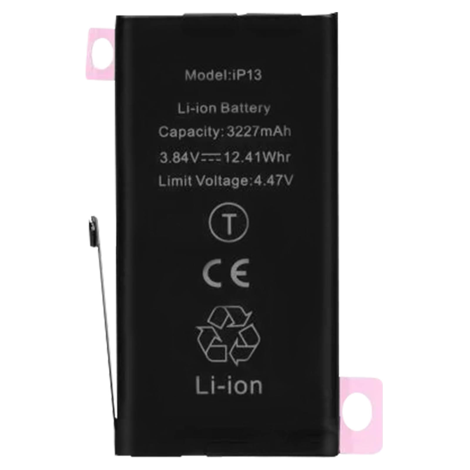 Schwarzer Li-Ionen-Akku mit weißen Aufklebern und Text: 'Model: iP13', 'Capacity: 3227mAh'.