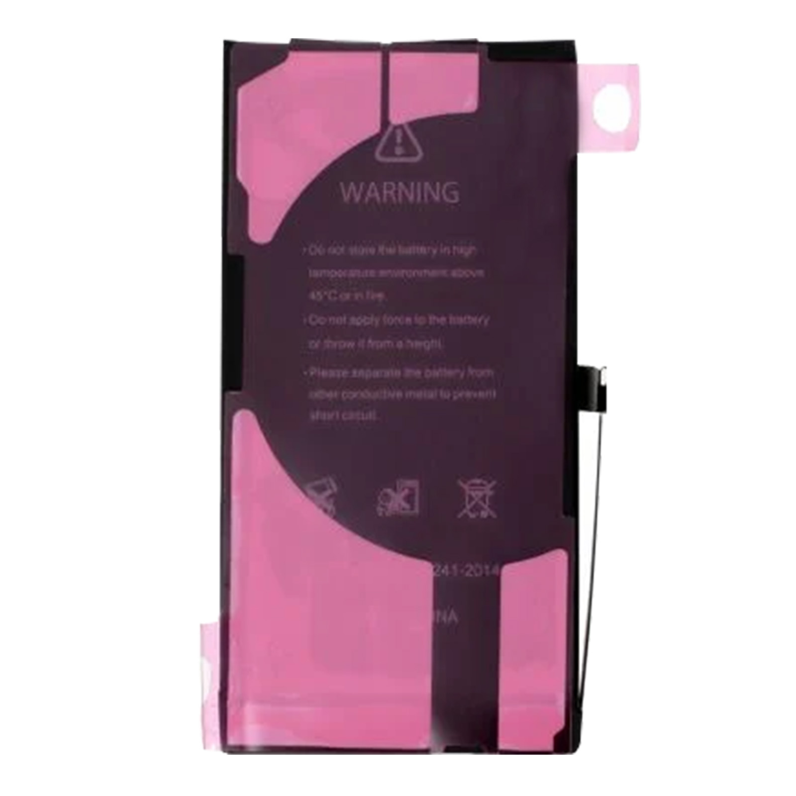 Ein rosa Handy-Akku mit Warnhinweis. Es ist rechteckig und hat einen schwarzen Rand.