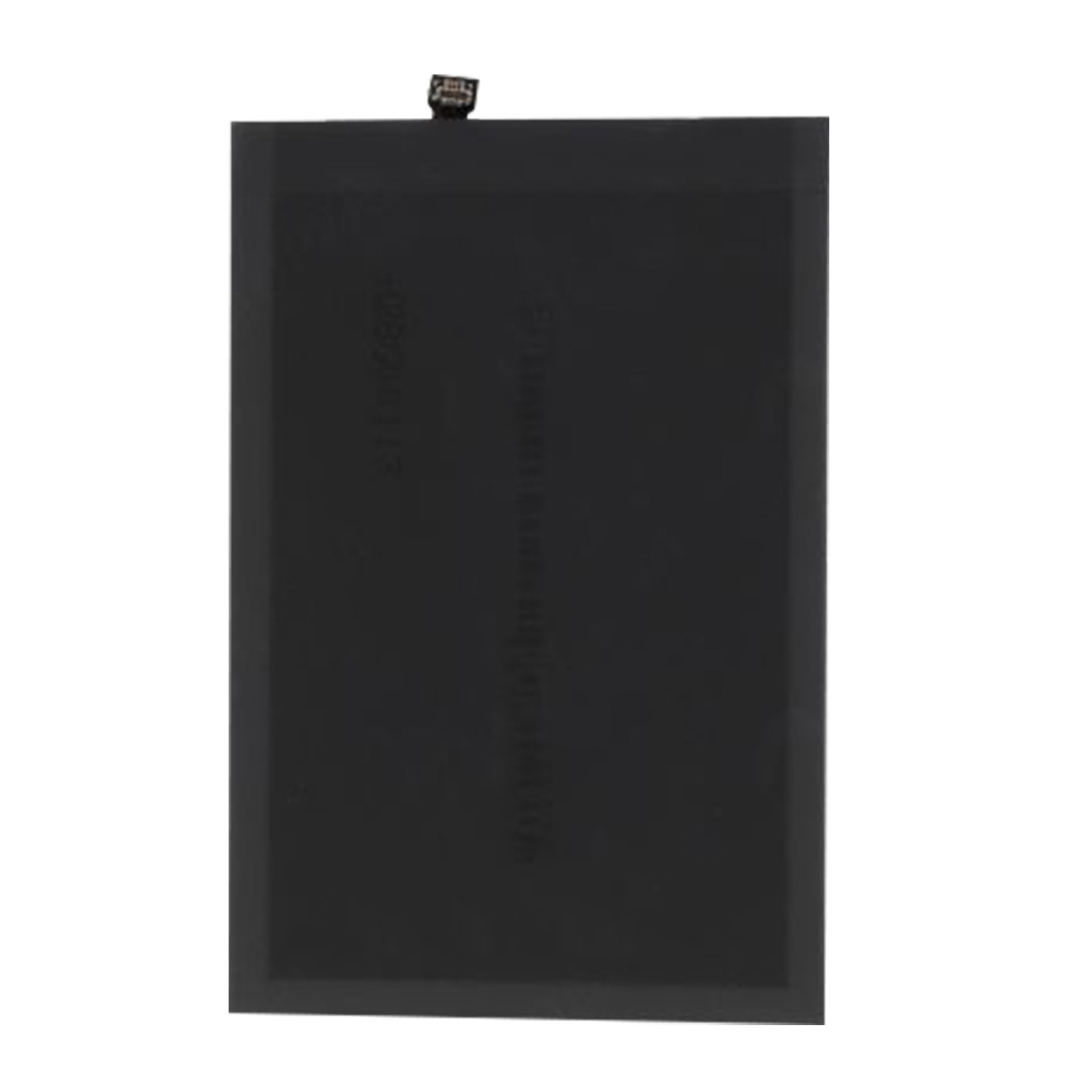 Schwarzer rechteckiger Akku. Die Batterie ist dunkel und hat einige gedruckte Details auf der Oberfläche.