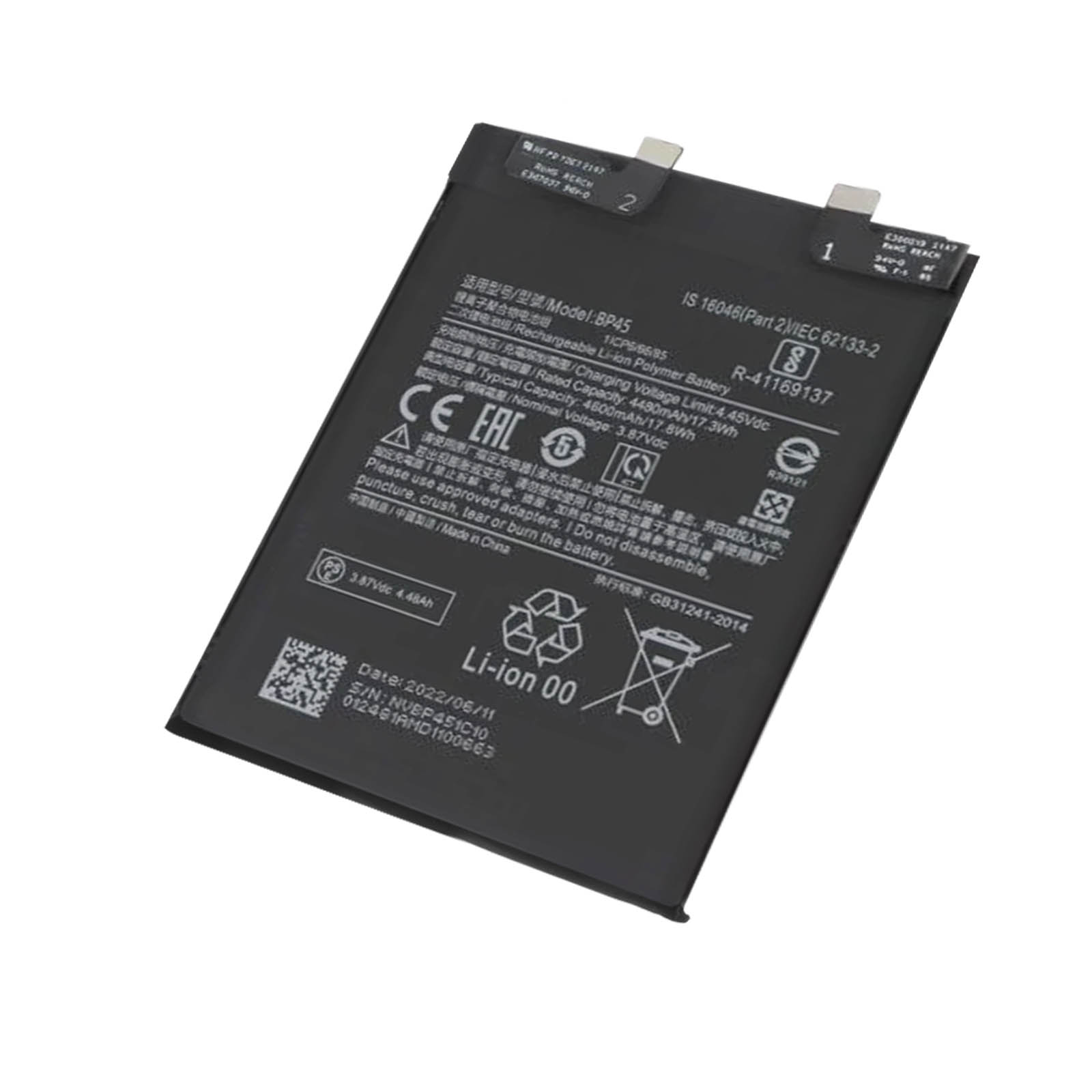 Ein schwarzer rechteckiger Akku mit Etiketten. Enthält Informationen zur Batterie und Sicherheitssymbole.