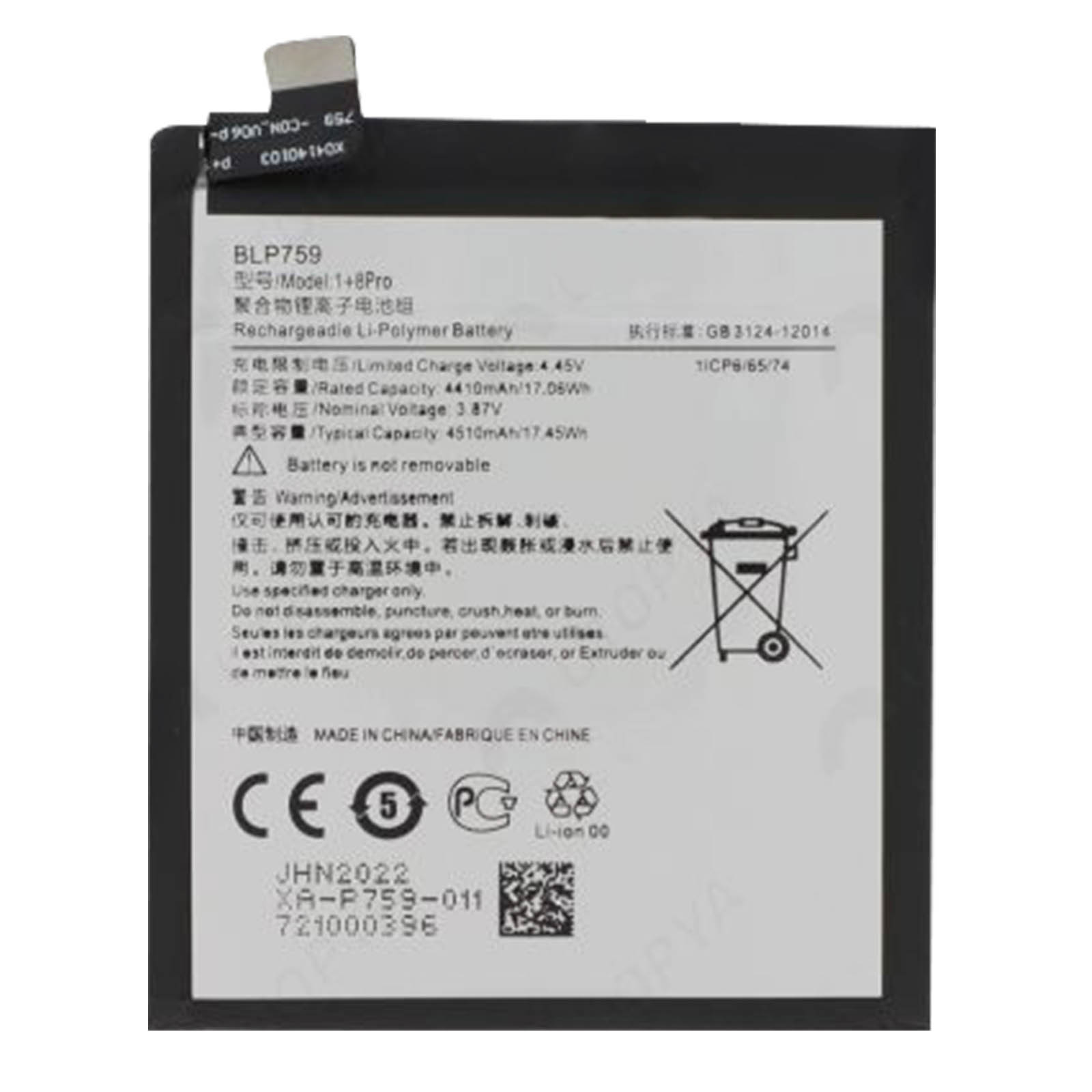 Schwarze Batterie mit Text und Symbolen. Warnsymbole sind sichtbar. Weißer Hintergrund.