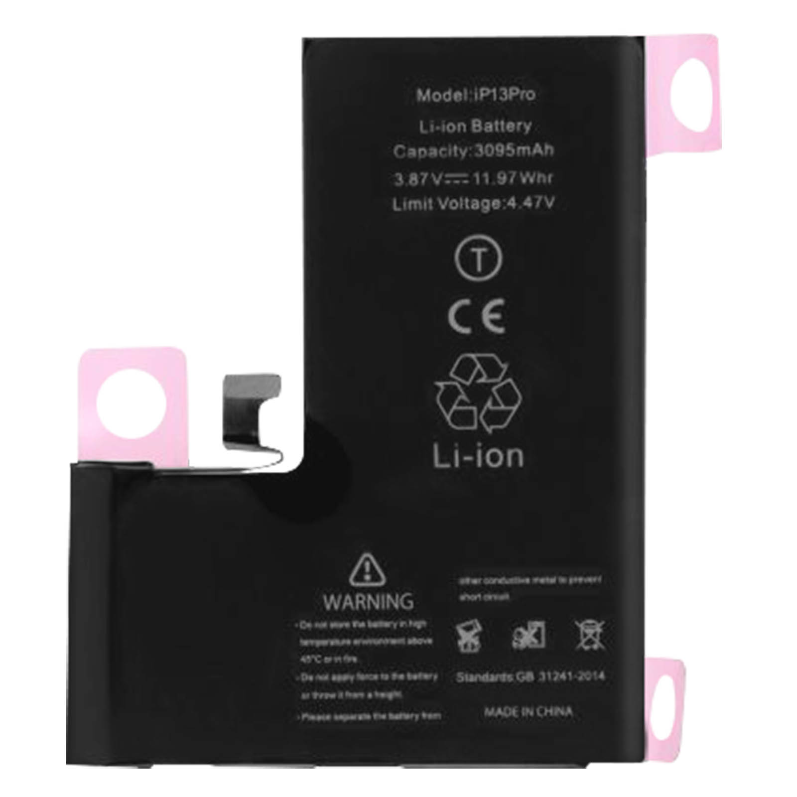 Batteria nera con testo. La batteria contiene testo in più lingue, con avvertenze e specifiche.