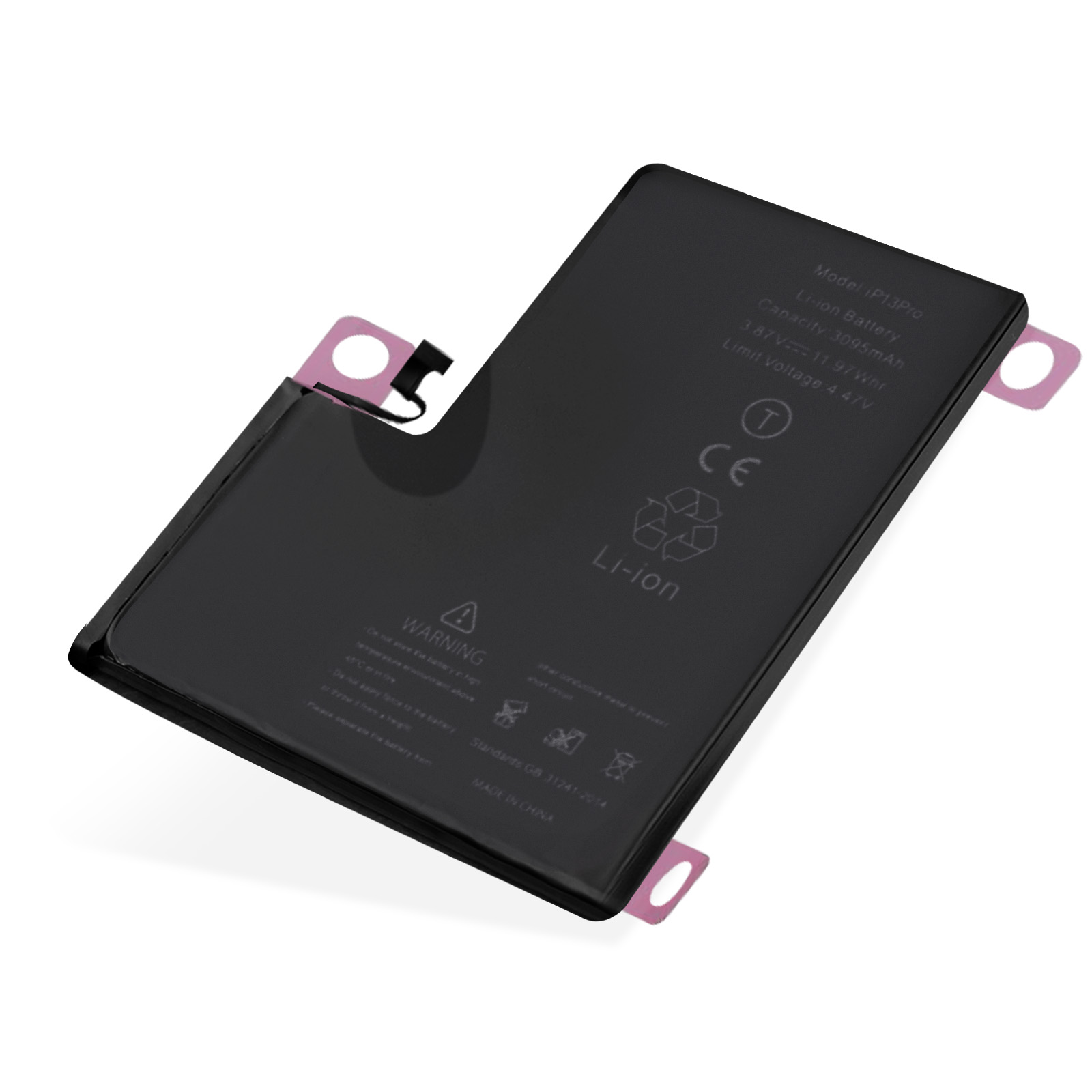Batteria del telefono nera, con strisce adesive rosa ed etichetta di avvertimento, su sfondo bianco.