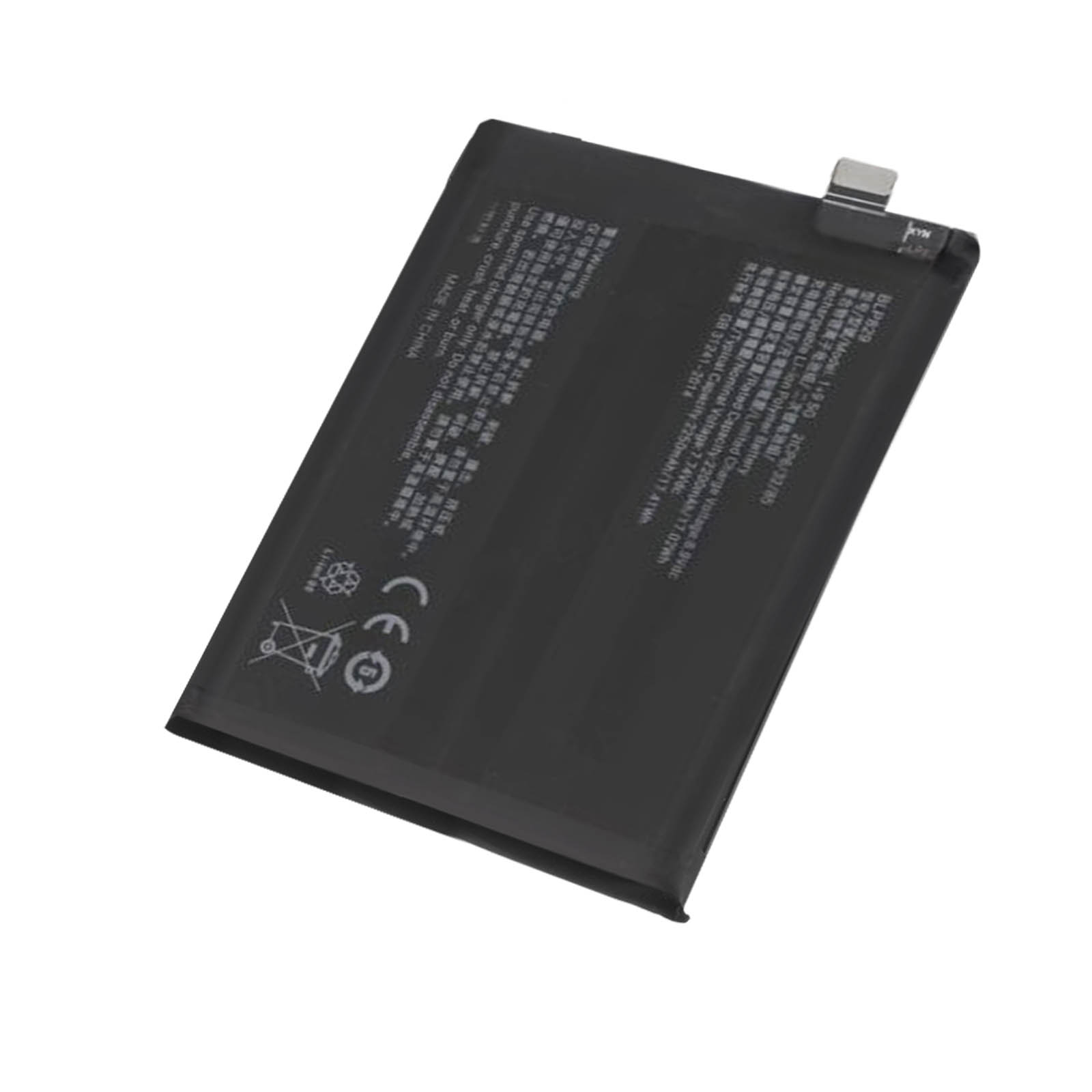 Eine schwarze rechteckige Batterie mit Text und Symbolen auf der Oberfläche.