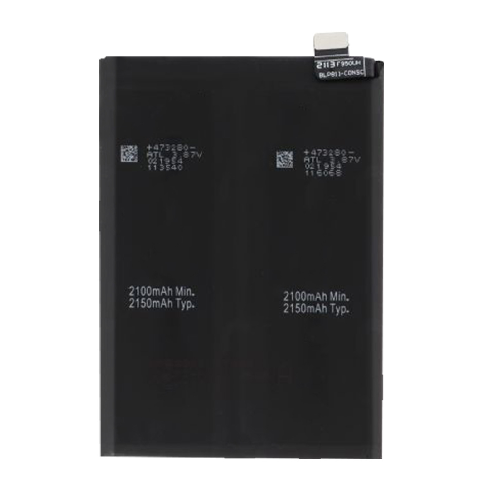 Zwei rechteckige schwarze Telefonbatterien mit Text und Beschriftungen auf weißem Hintergrund.