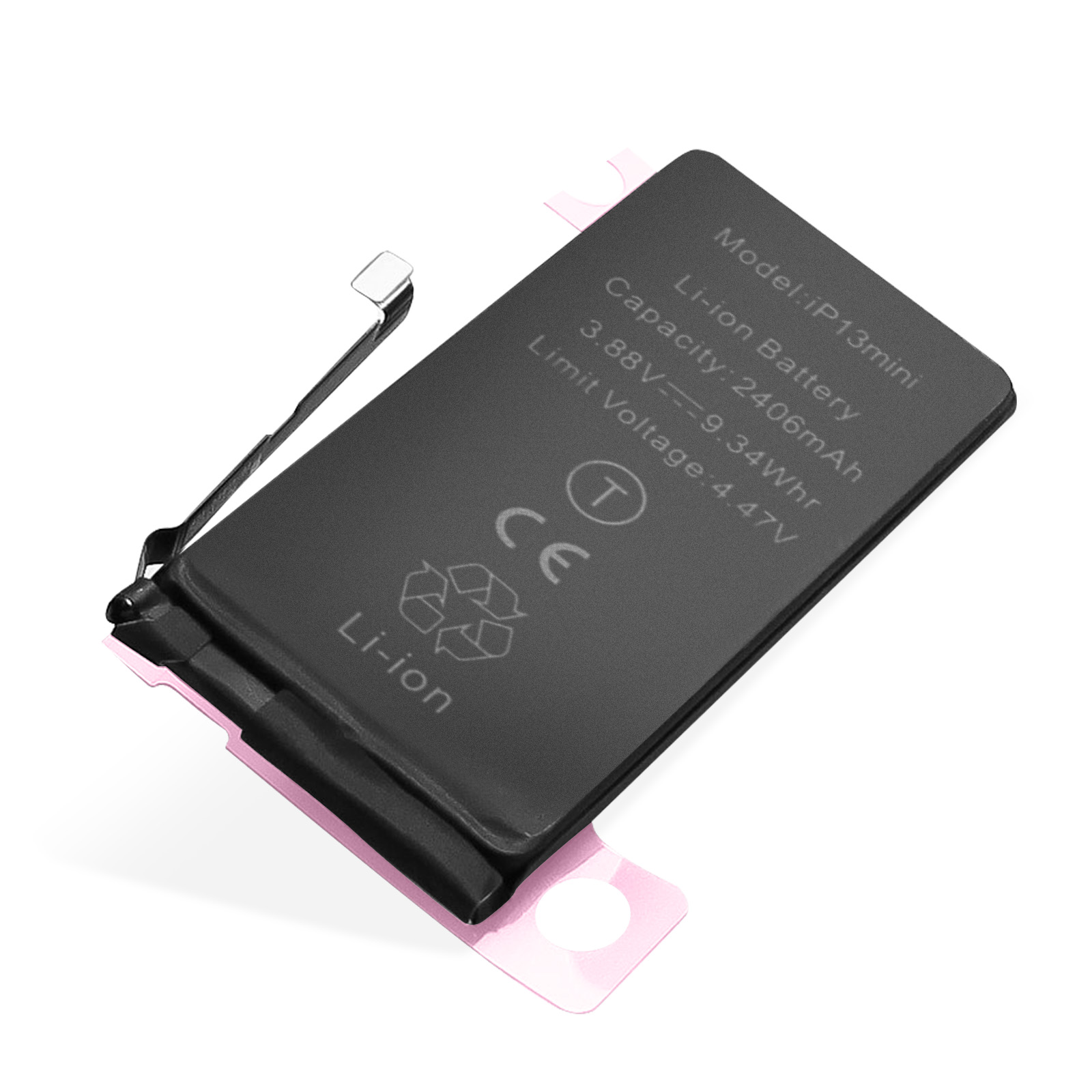 Una batteria nera per iPhone con informazioni stampate sulla superficie, isolata su sfondo bianco.