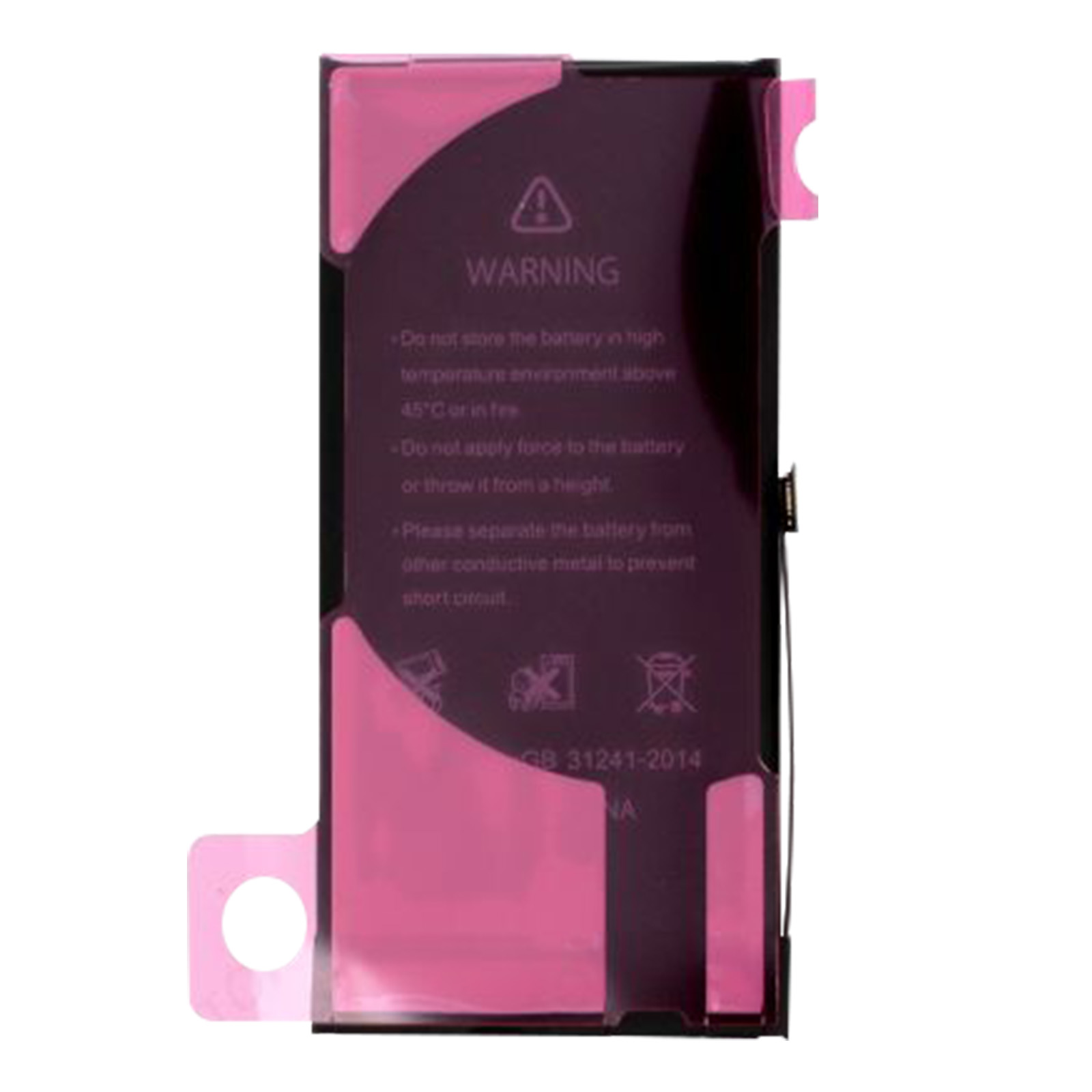 Una batteria del telefono rosa e nera con avvertenze. Ha una superficie nera con il testo di avvertenza in bianco.