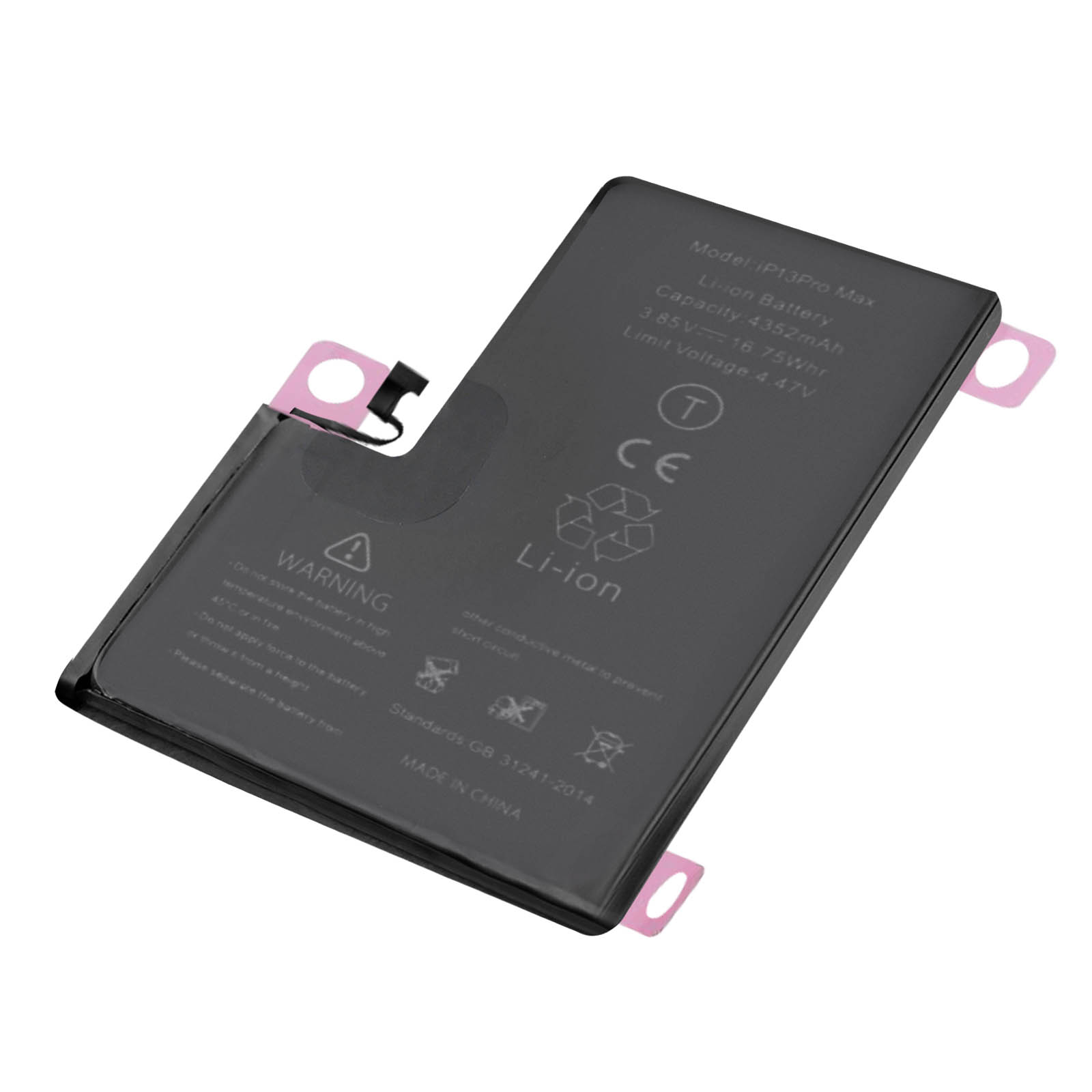 Une batterie de téléphone portable avec des étiquettes d'avertissement.