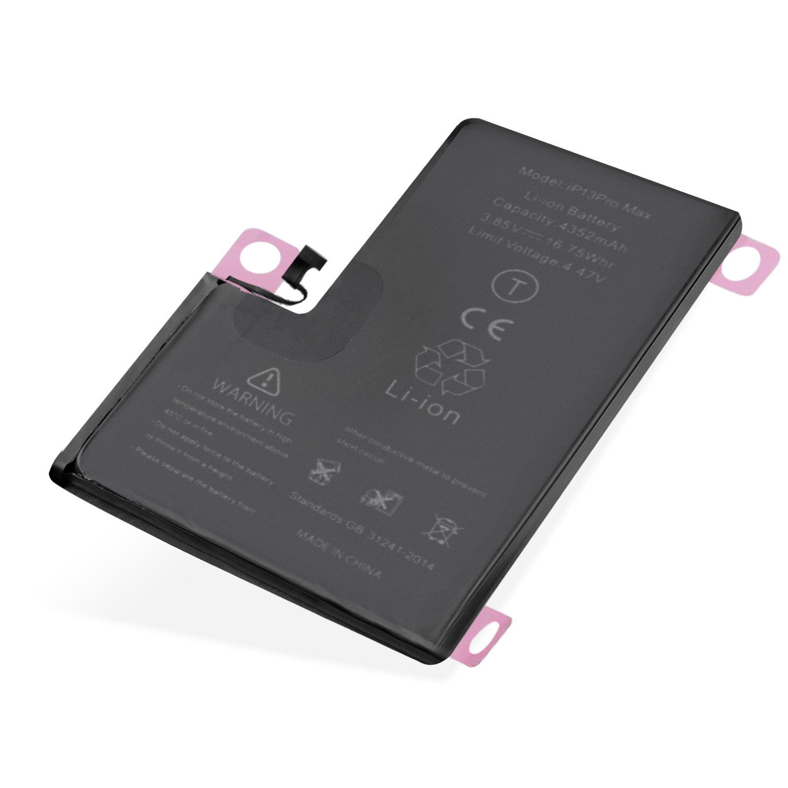 Una batteria nera per iPhone con testo: Modello iPh13 Pro Max, Capacità 4352mAh, Tensione 3.85V, 4.47V. Adesivi rosa.