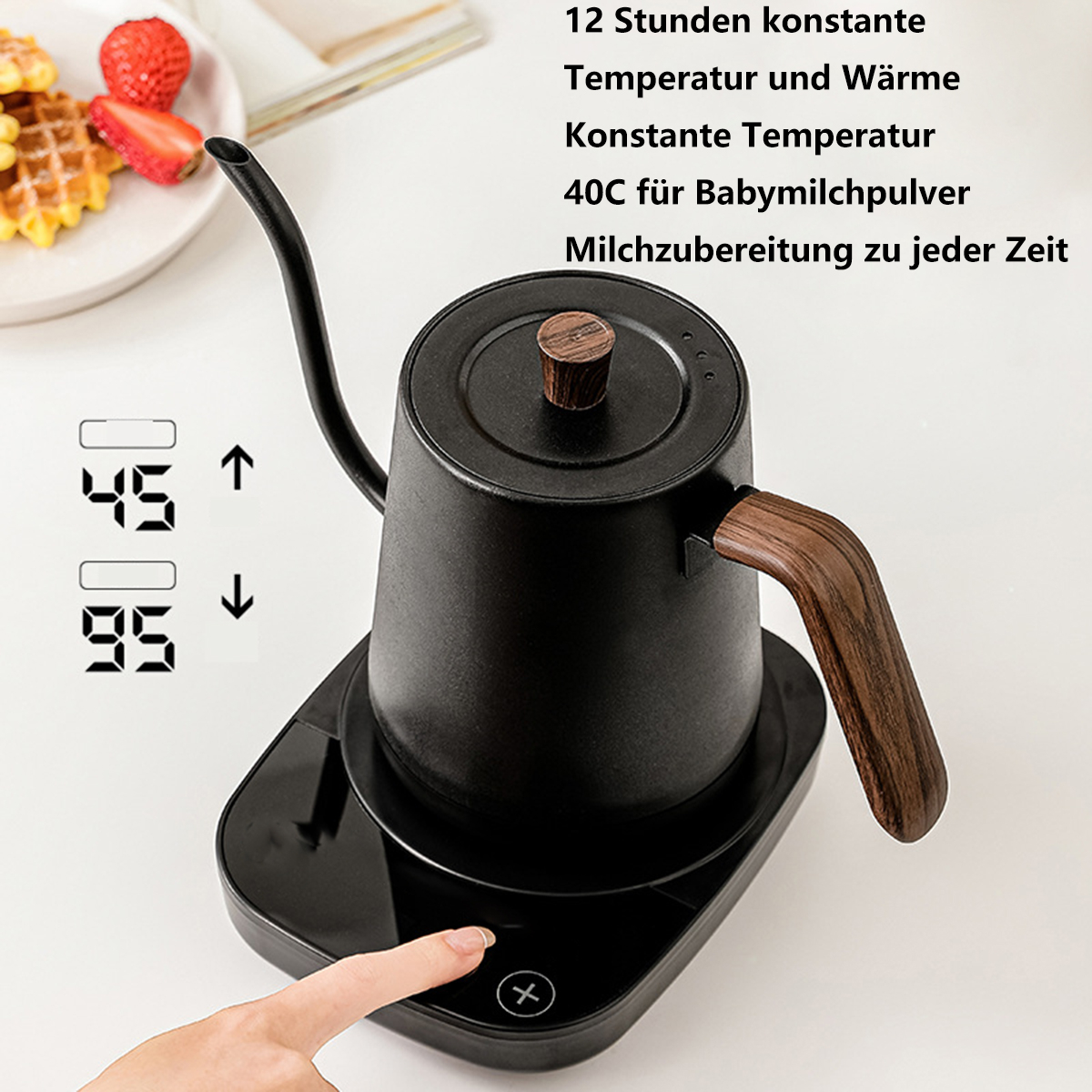 Schwarzer Wasserkocher mit Holzgriff auf schwarzem Sockel, mit Digitalanzeige und Text.