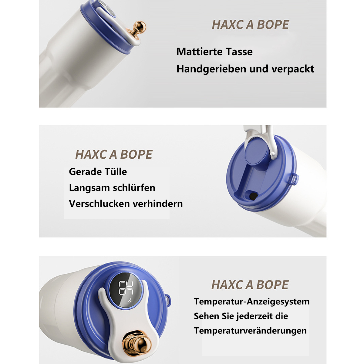 Drei Bilder, die eine weiß-blaue Wasserflasche mit deutschem Text zeigen.