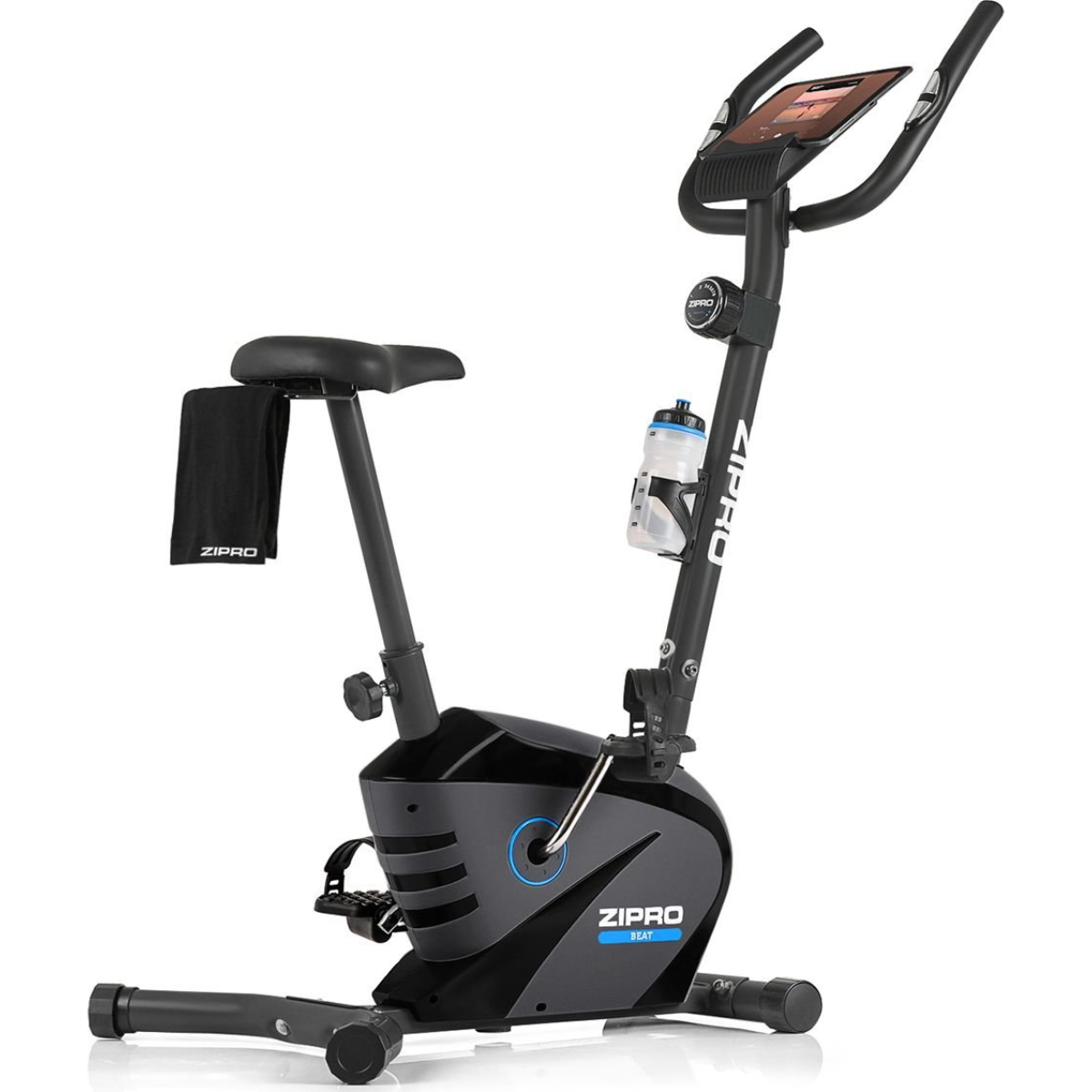 Ein schwarz-graues Trainingsfahrrad mit Tablethalter und Wasserflasche.