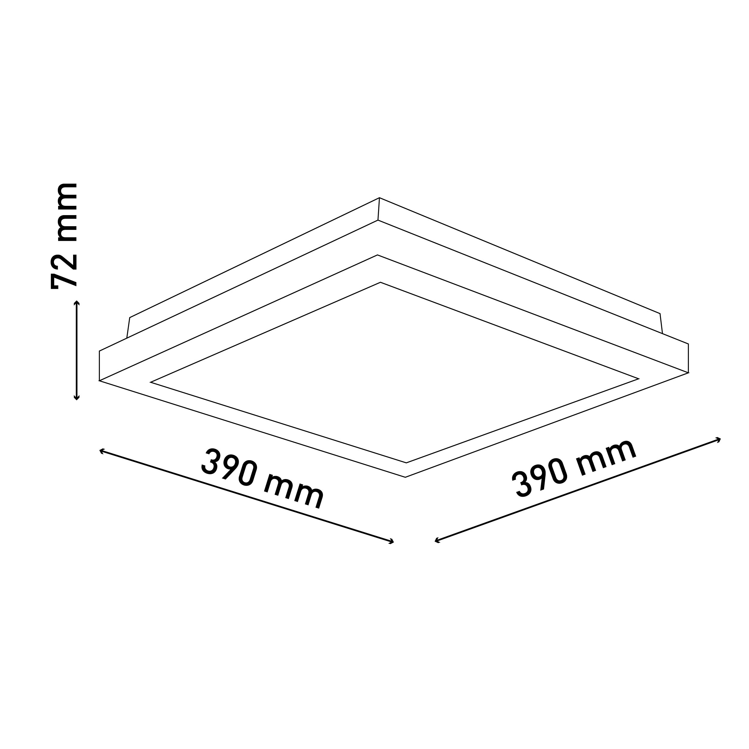 Eine weiße quadratische LED-Leuchte mit Maßen.